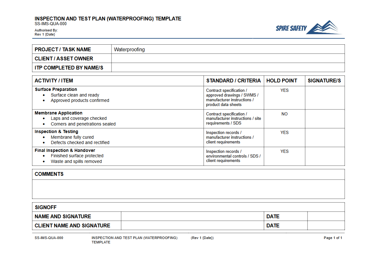 Free Inspection & Test Plan (Waterproofing) Template — document preview