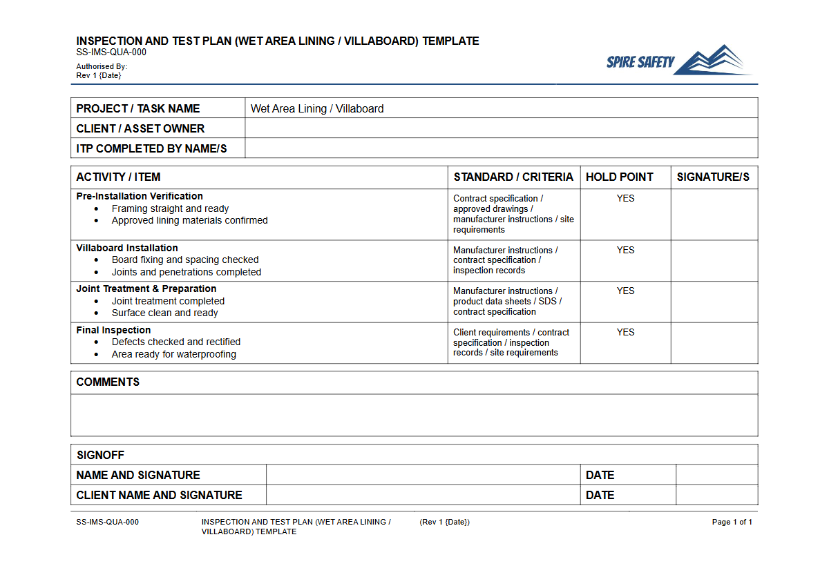 Free Inspection & Test Plan (Wet Area Lining Villaboard) Template — document preview