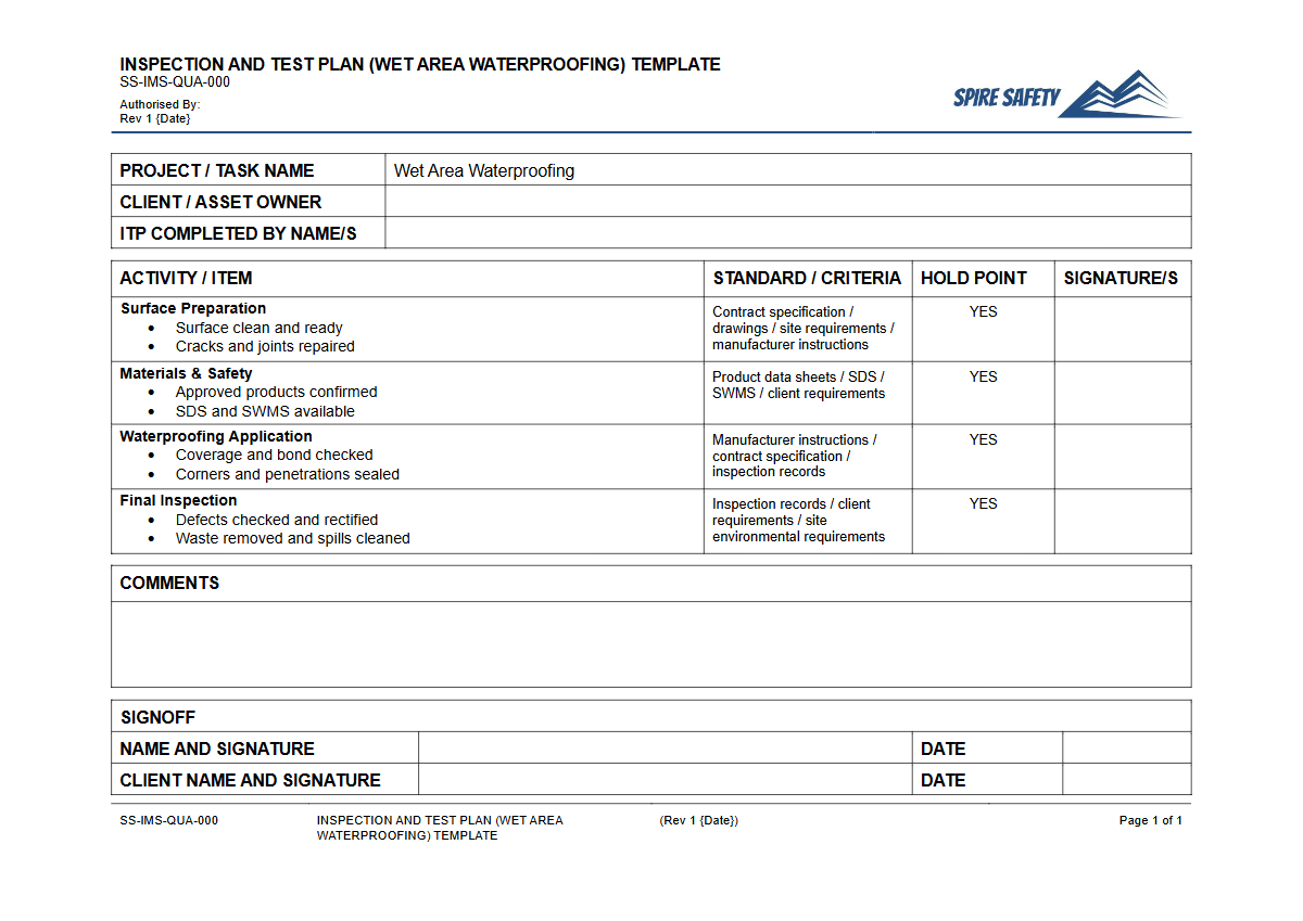 Free Inspection & Test Plan (Wet Area Waterproofing) Template — document preview