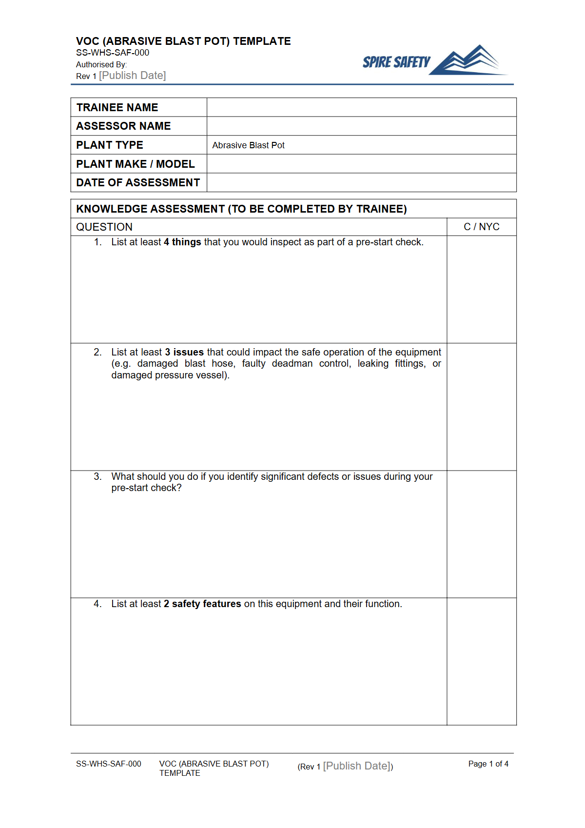 Free Verification of Competency (Abrasive Blast Pot) Template — document preview