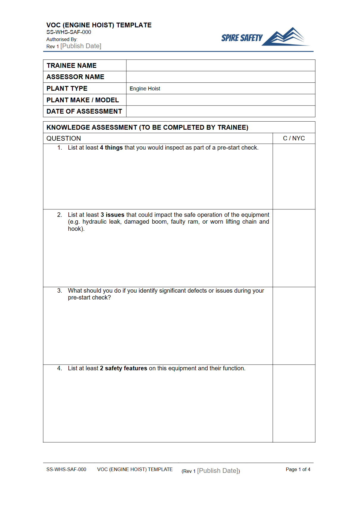 Free Verification of Competency (Engine Hoist) Template — document preview