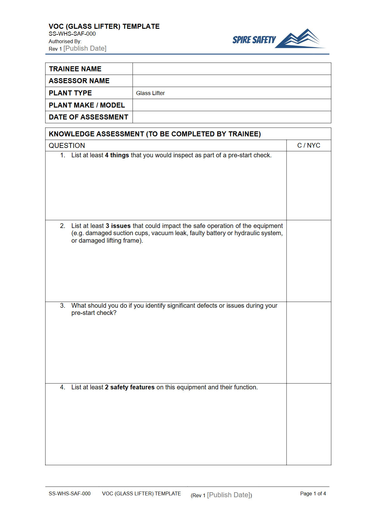 Free Verification of Competency (Glass Lifter) Template — document preview