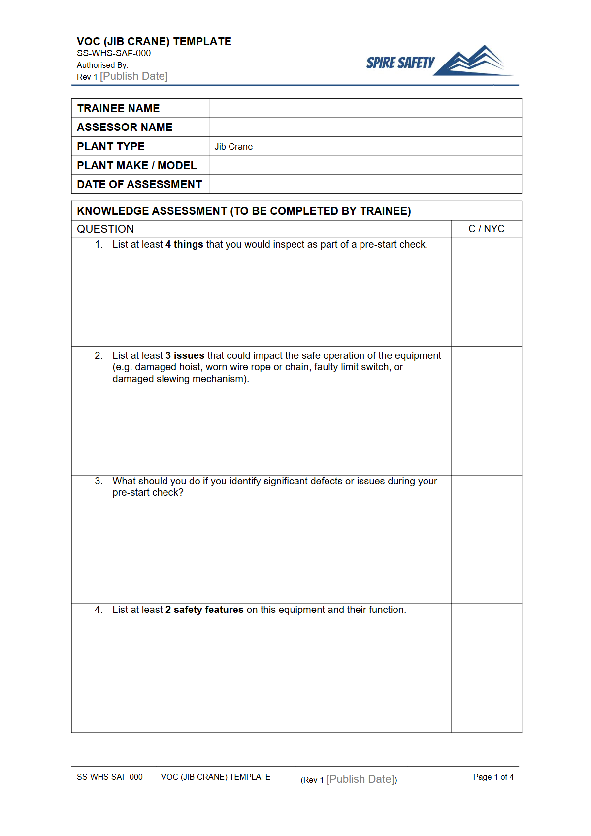 Free Verification of Competency (Jib Crane) Template — document preview
