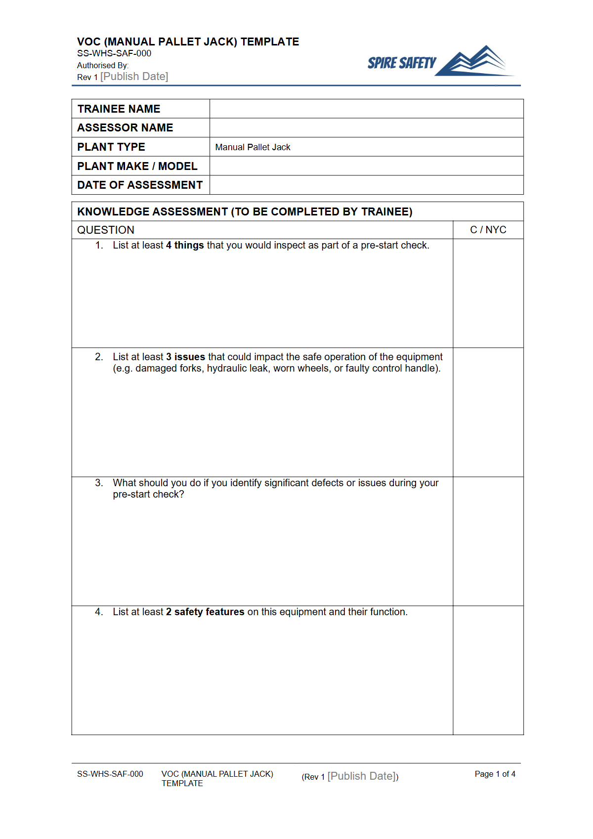 Free Verification of Competency (Manual Pallet Jack) Template — document preview