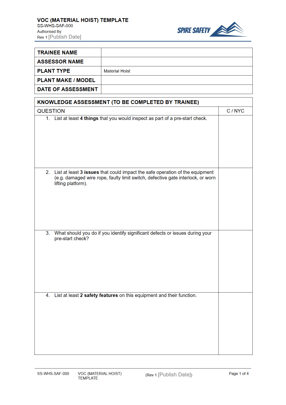 Free Verification of Competency (Material Hoist) Template — document preview