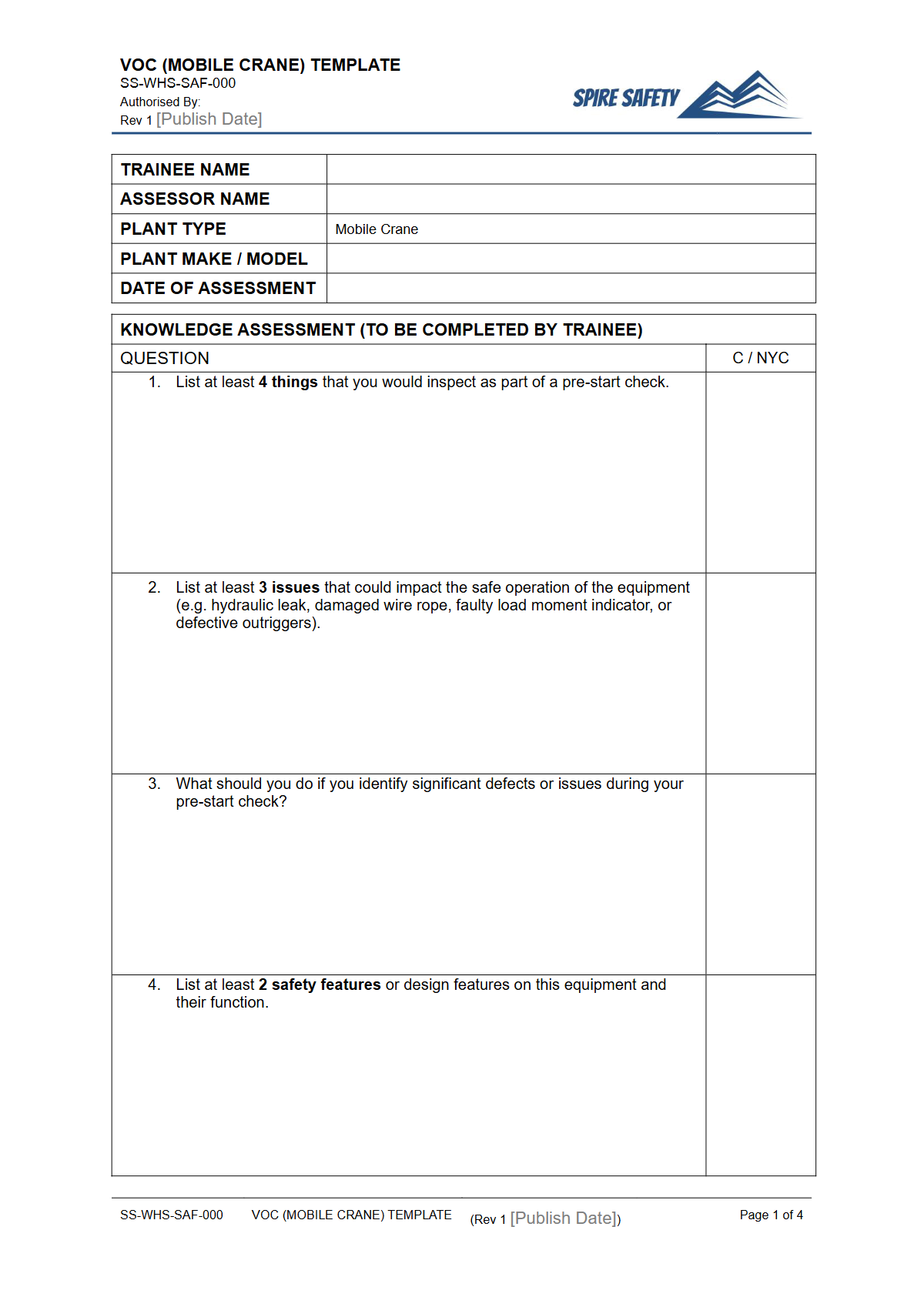 Free Verification of Competency (Mobile Crane) Template — document preview