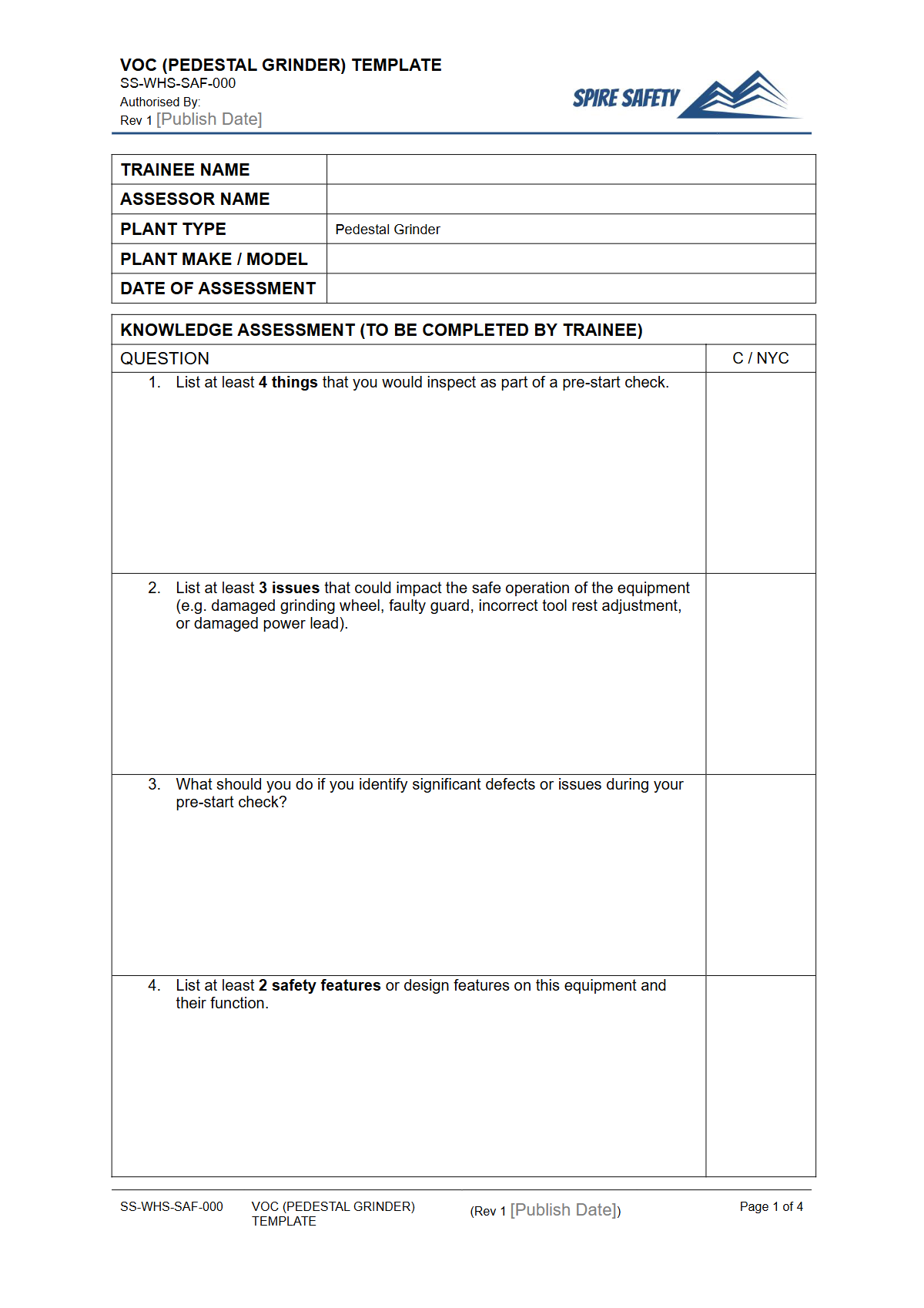 Free Verification of Competency (Pedestal Grinder) Template — document preview