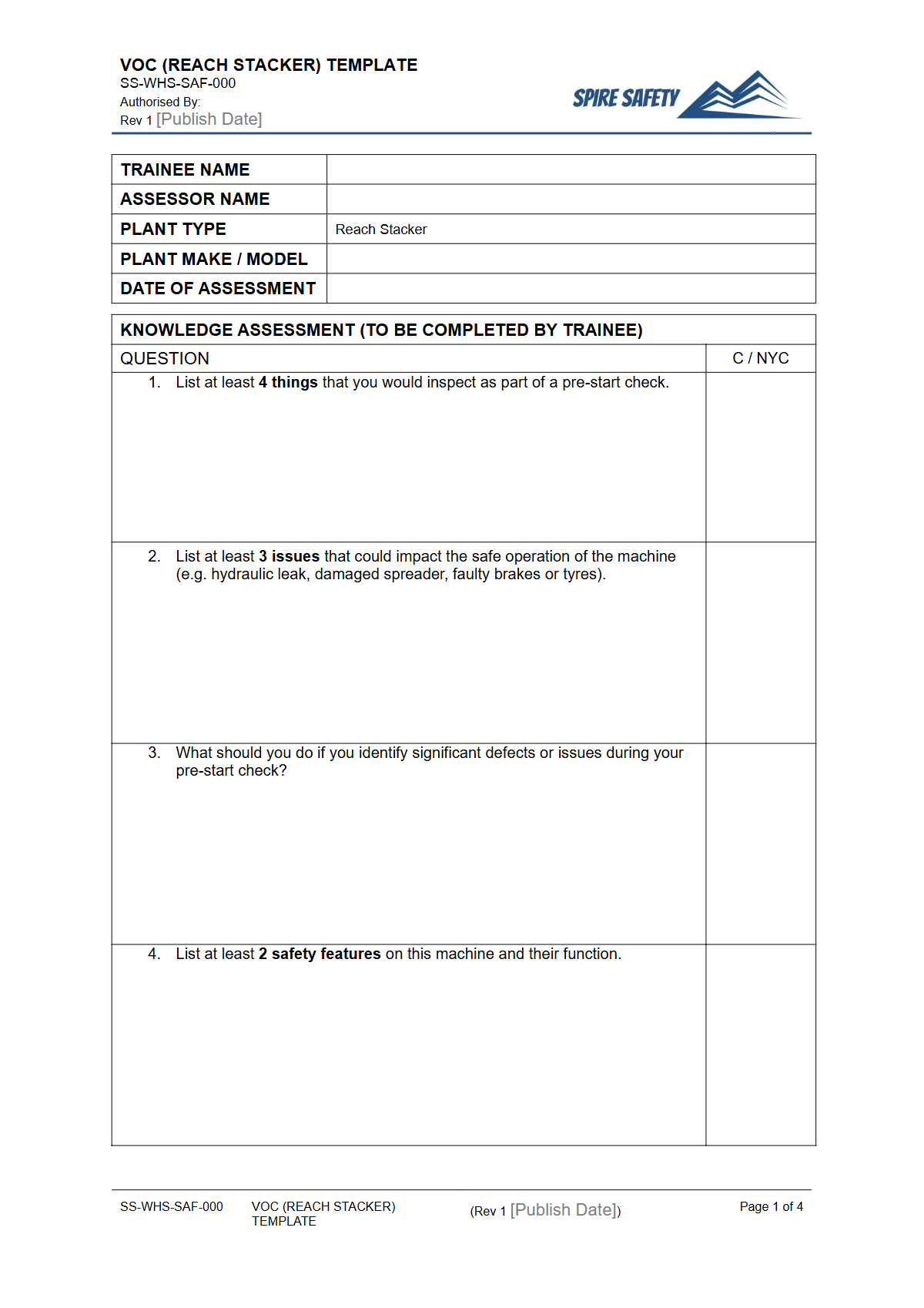 Free Verification of Competency (Reach Stacker) Template — document preview