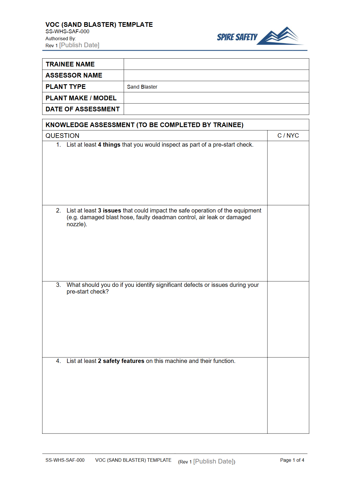 Free Verification of Competency (Sand Blaster) Template — document preview