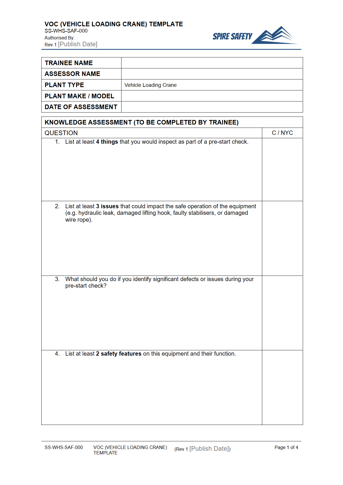 Free Verification of Competency (Vehicle Loading Crane) Template — document preview