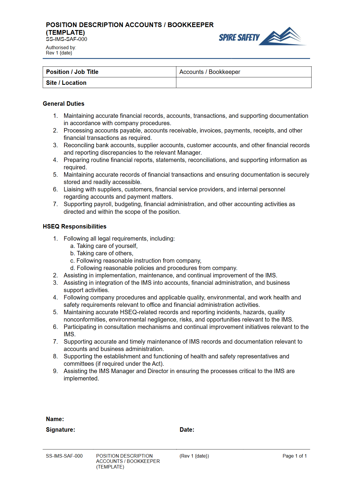Free Position Description (Accounts or Bookkeeper) Template — document preview