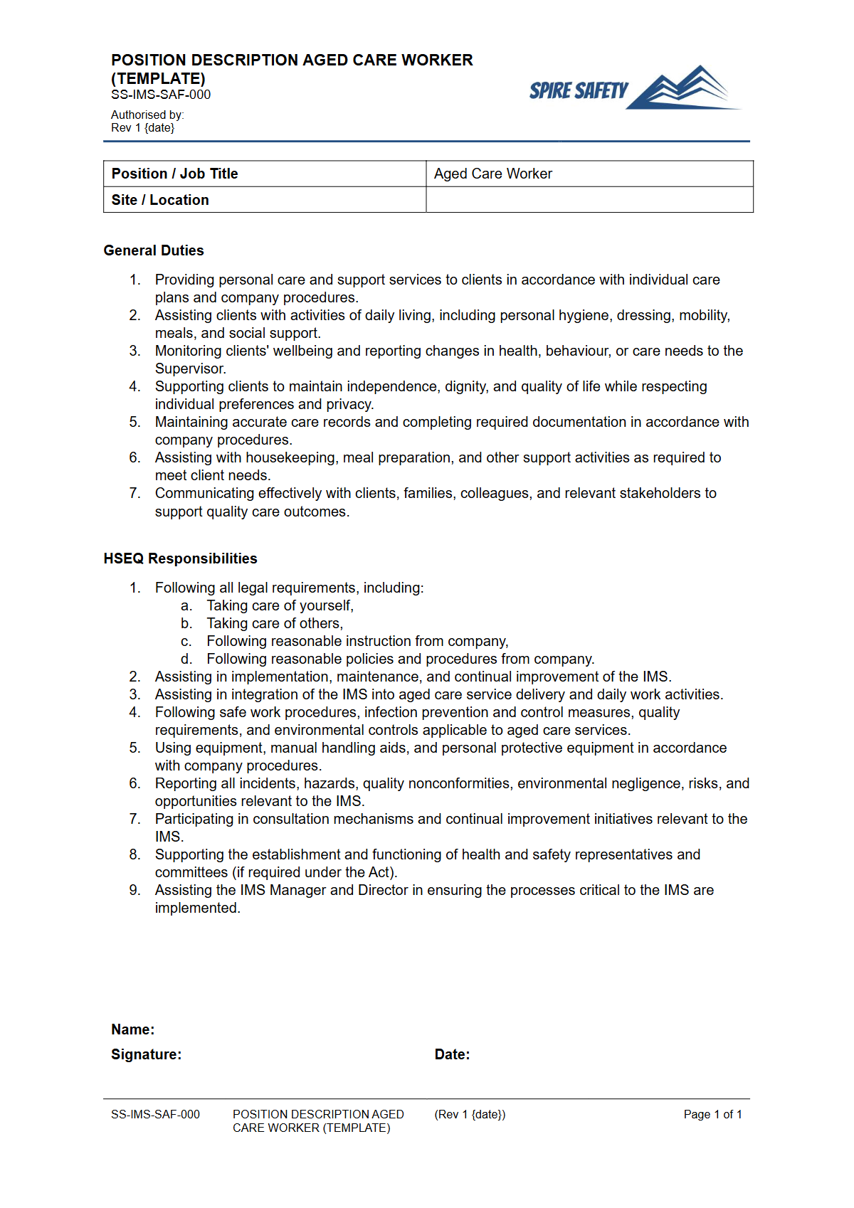 Free Position Description (Aged Care Worker) Template — document preview