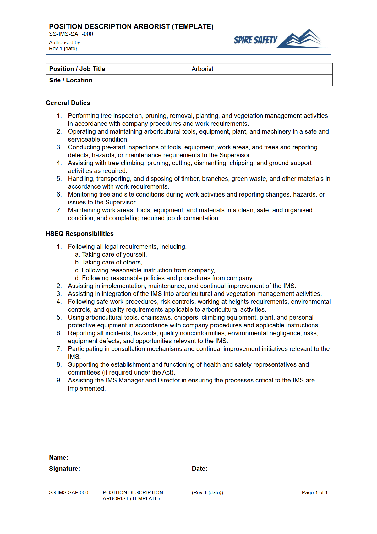 Free Position Description (Arborist) Template — document preview
