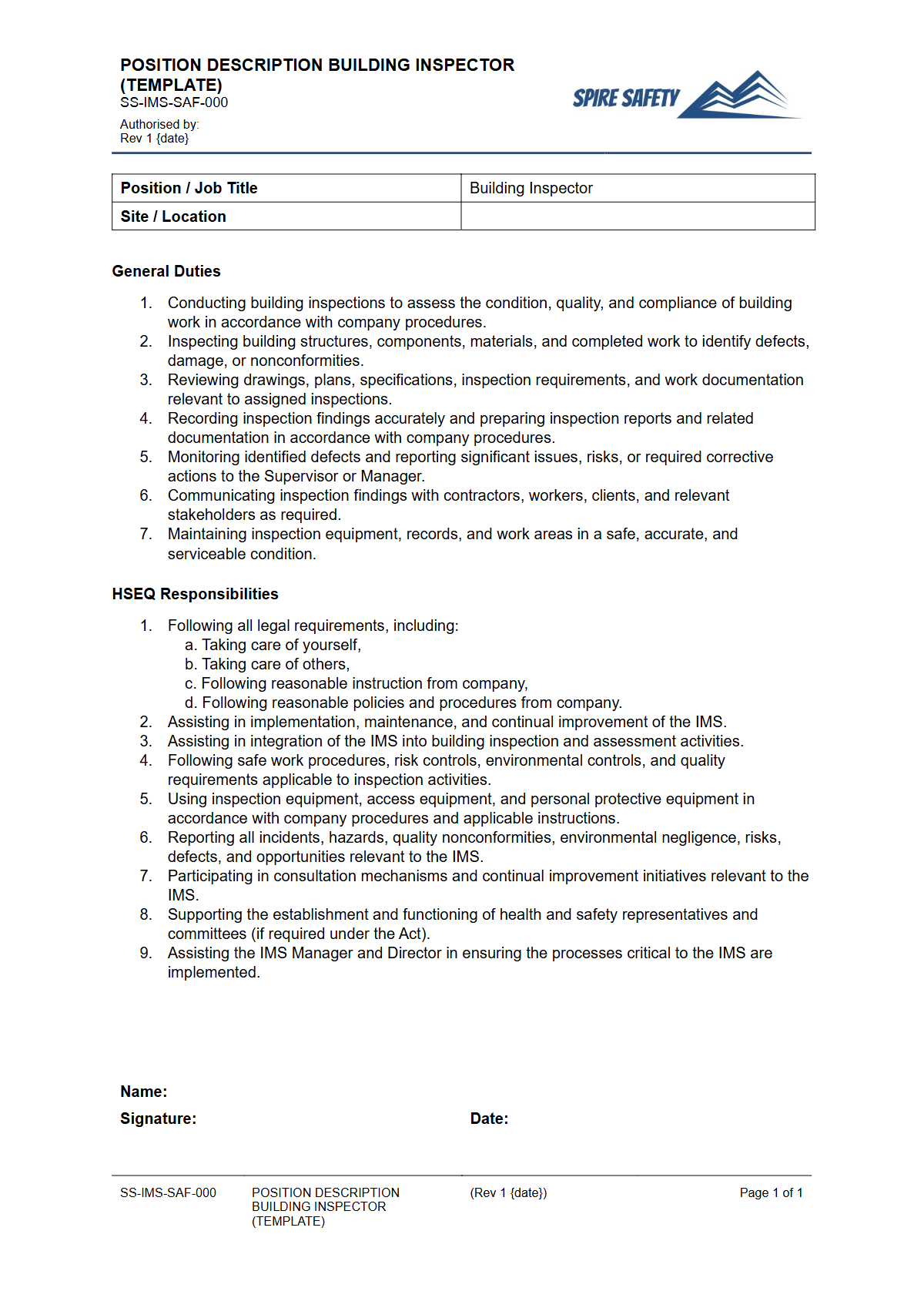 Free Position Description (Building Inspector) Template — document preview
