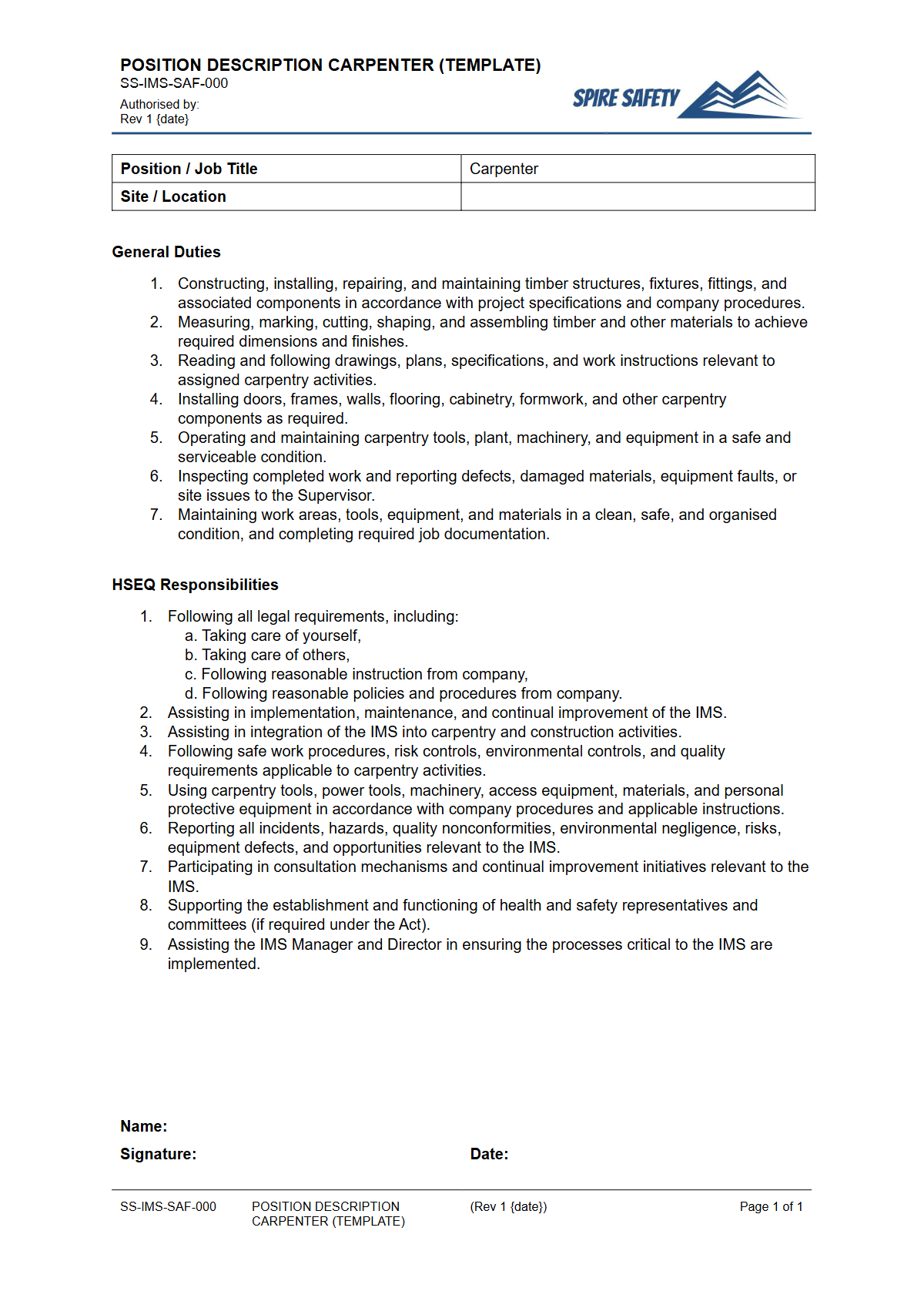 Free Position Description (Carpenter) Template — document preview
