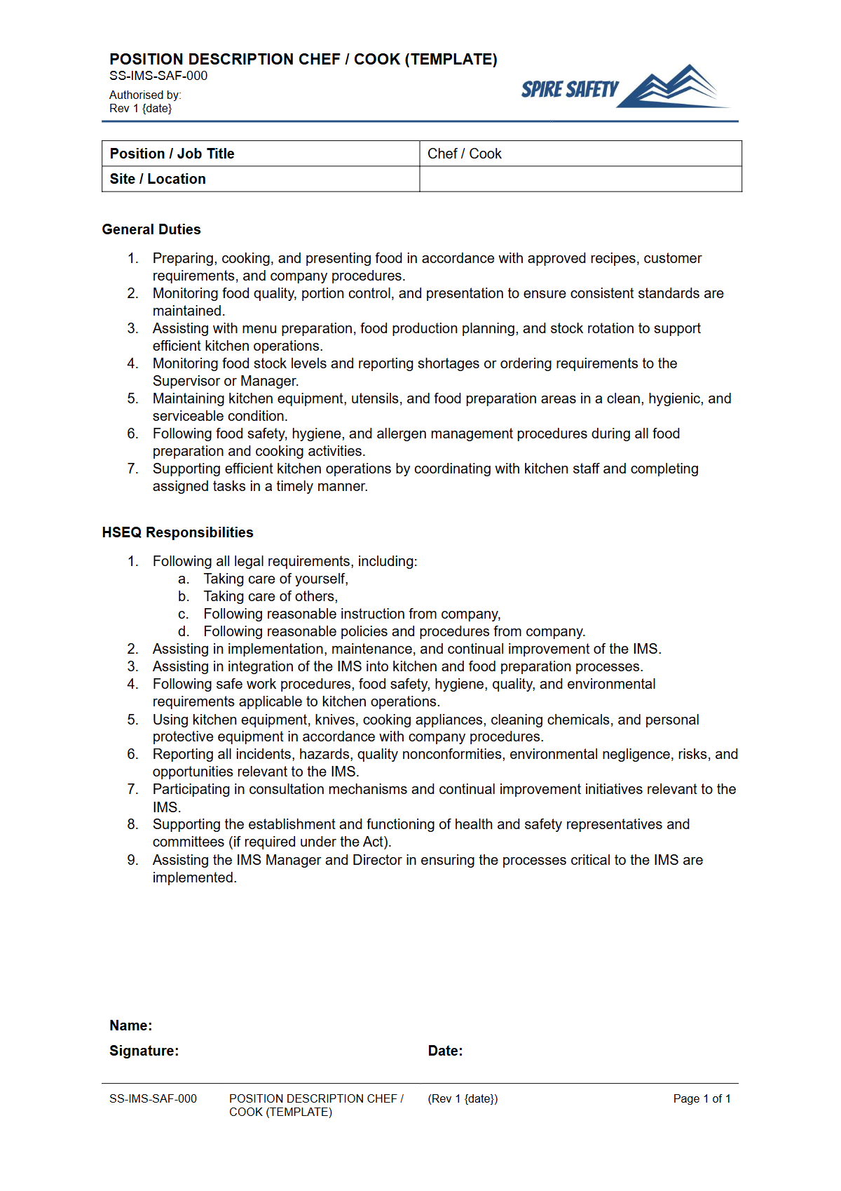 Free Position Description (Chef or Cook) Template — document preview