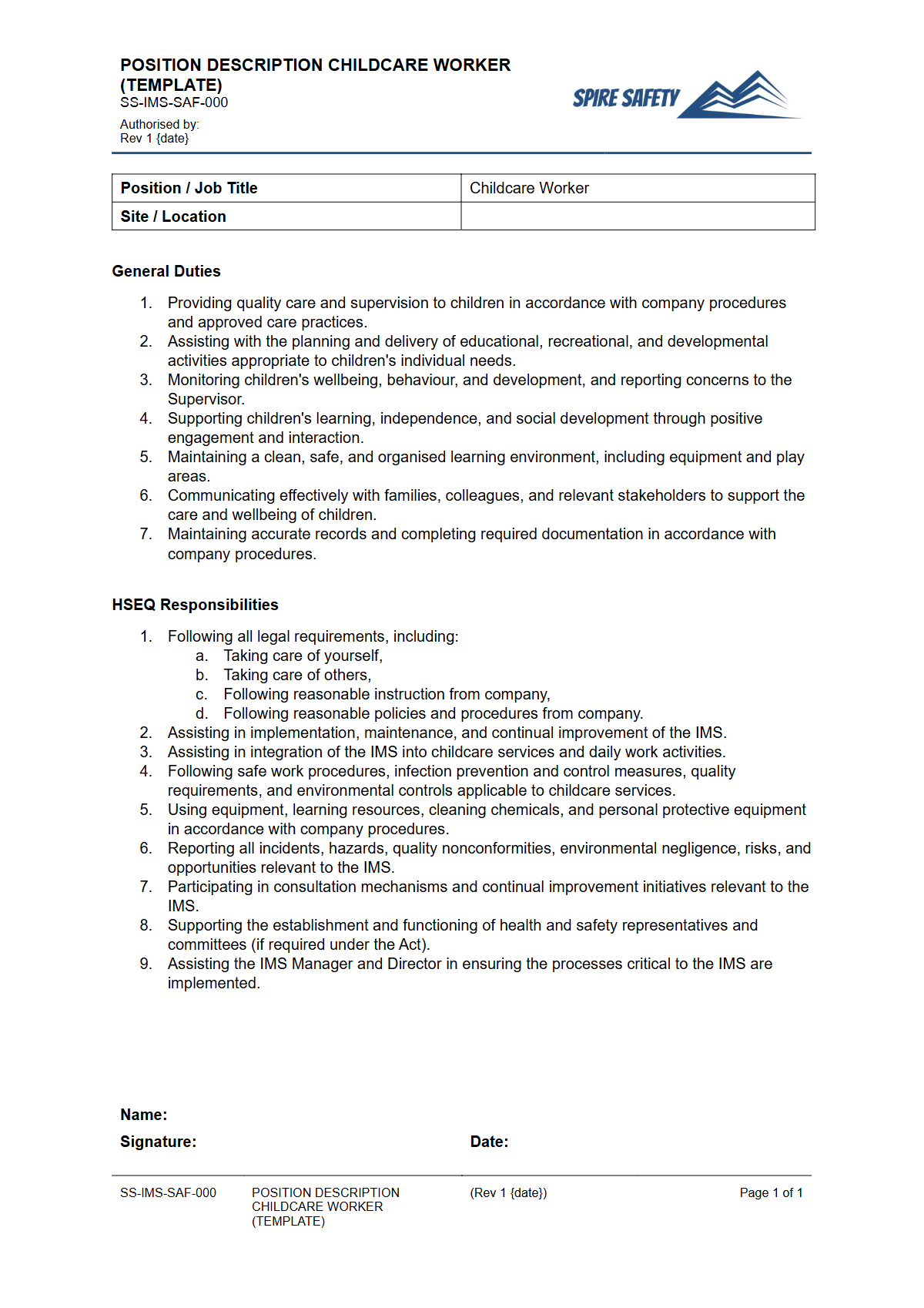 Free Position Description (Childcare Worker) Template — document preview