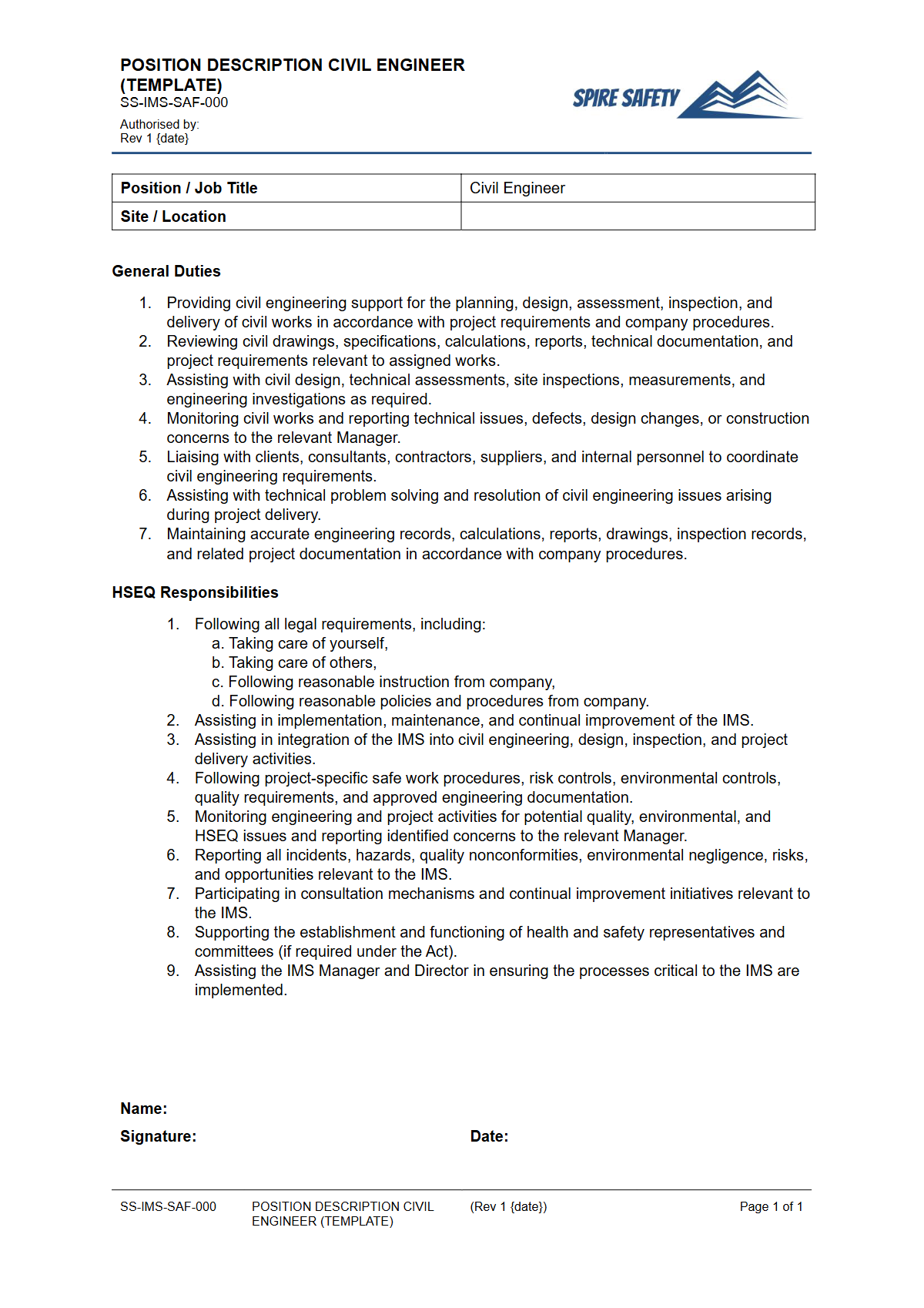 Free Position Description (Civil Engineer) Template — document preview