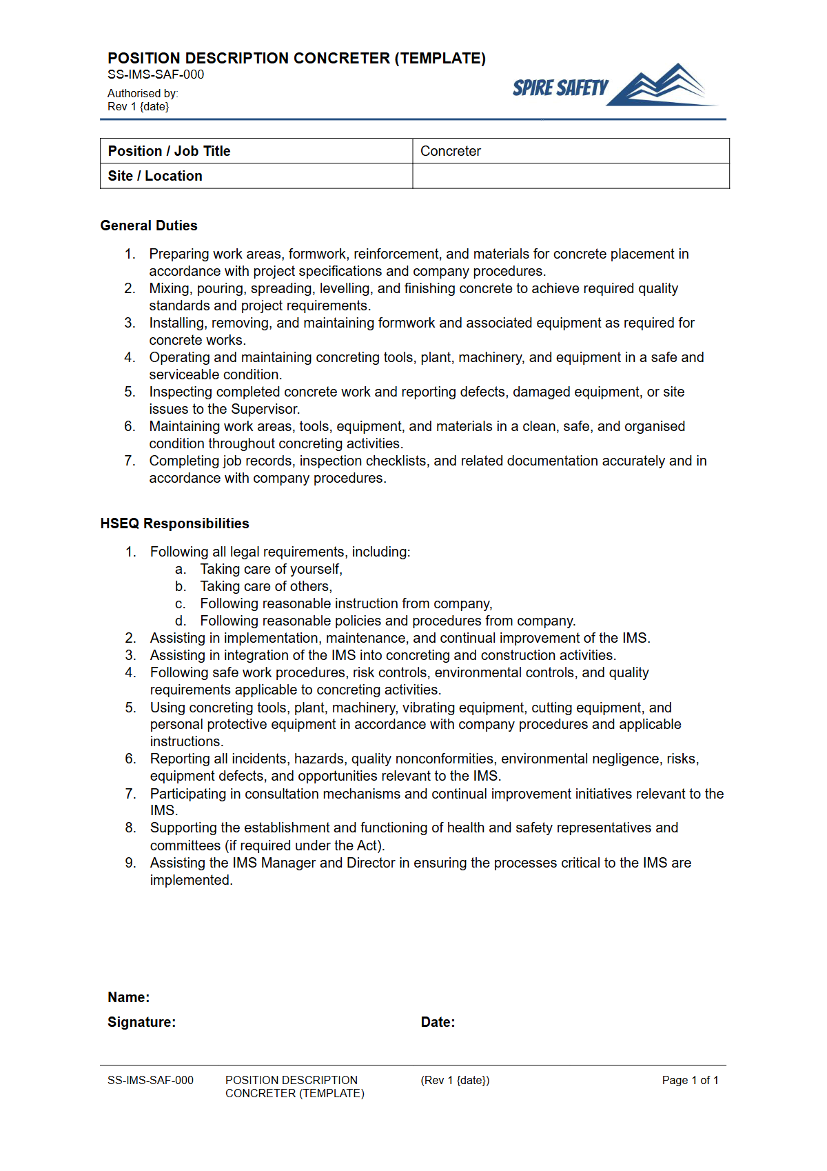 Free Position Description (Concreter) Template — document preview