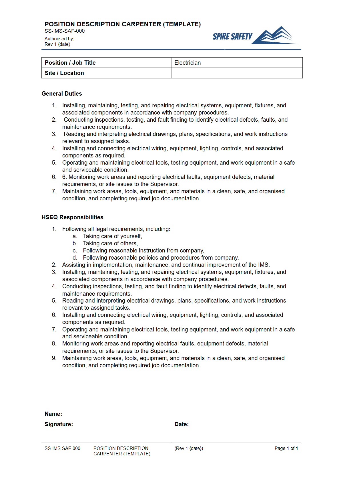 Free Position Description (Electrician) Template — document preview