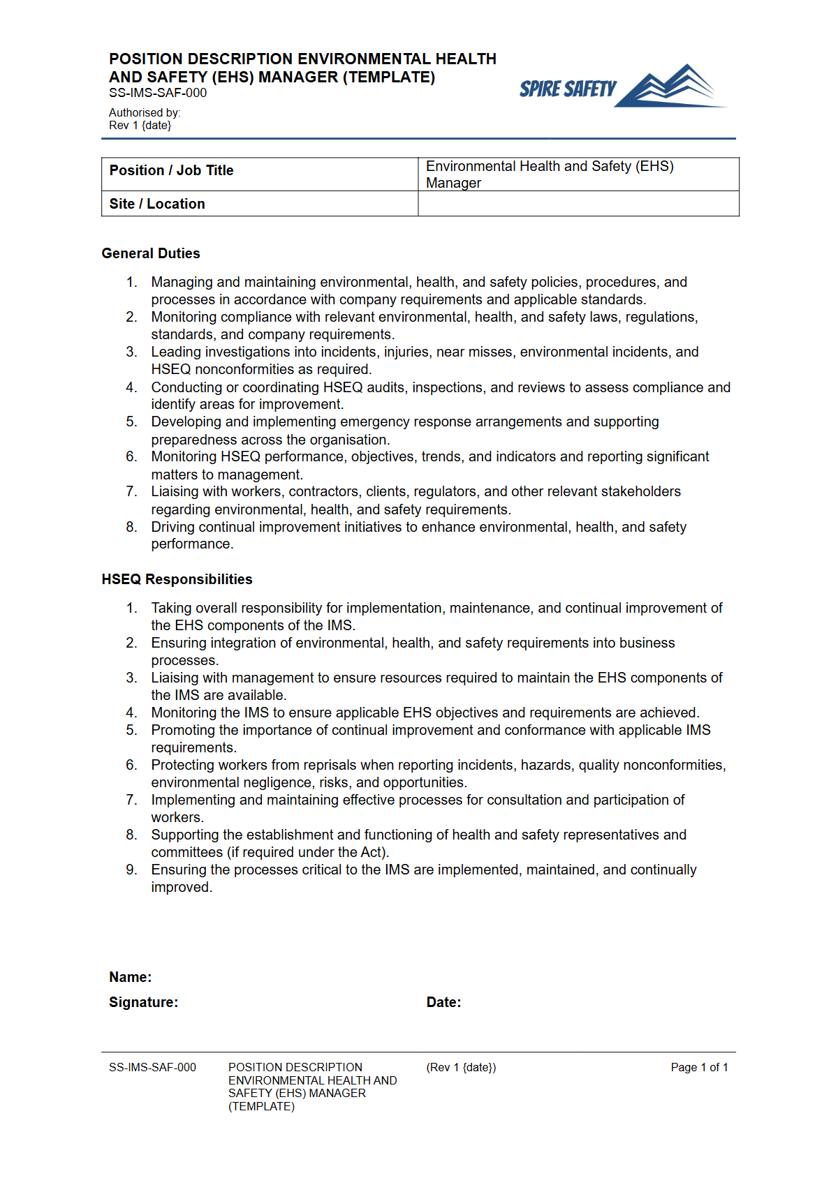 Free Position Description Template — document preview