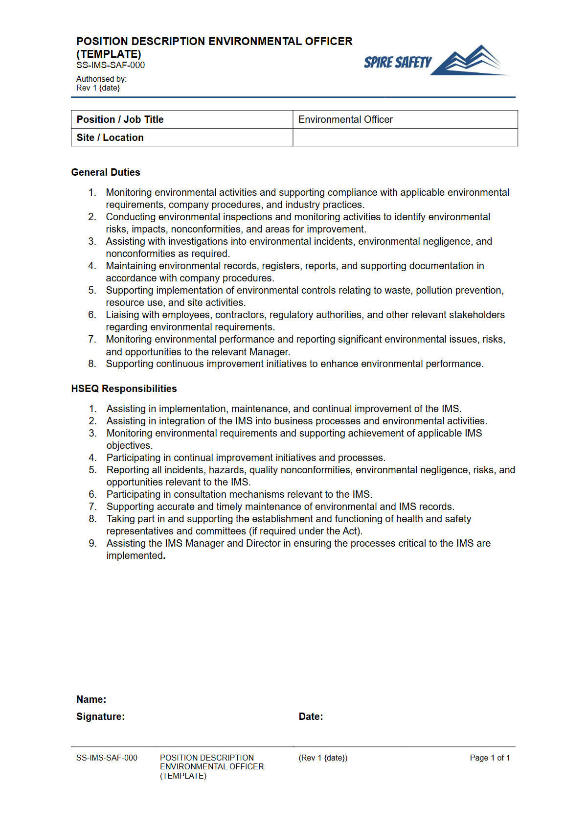 Free Position Description (Environmental Officer) Template — document preview