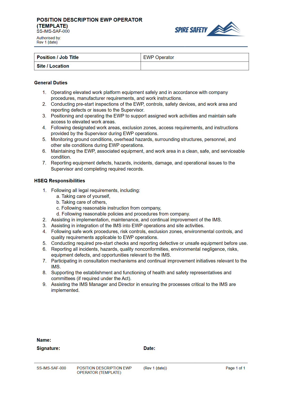 Free Position Description (EWP Operator) Template — document preview