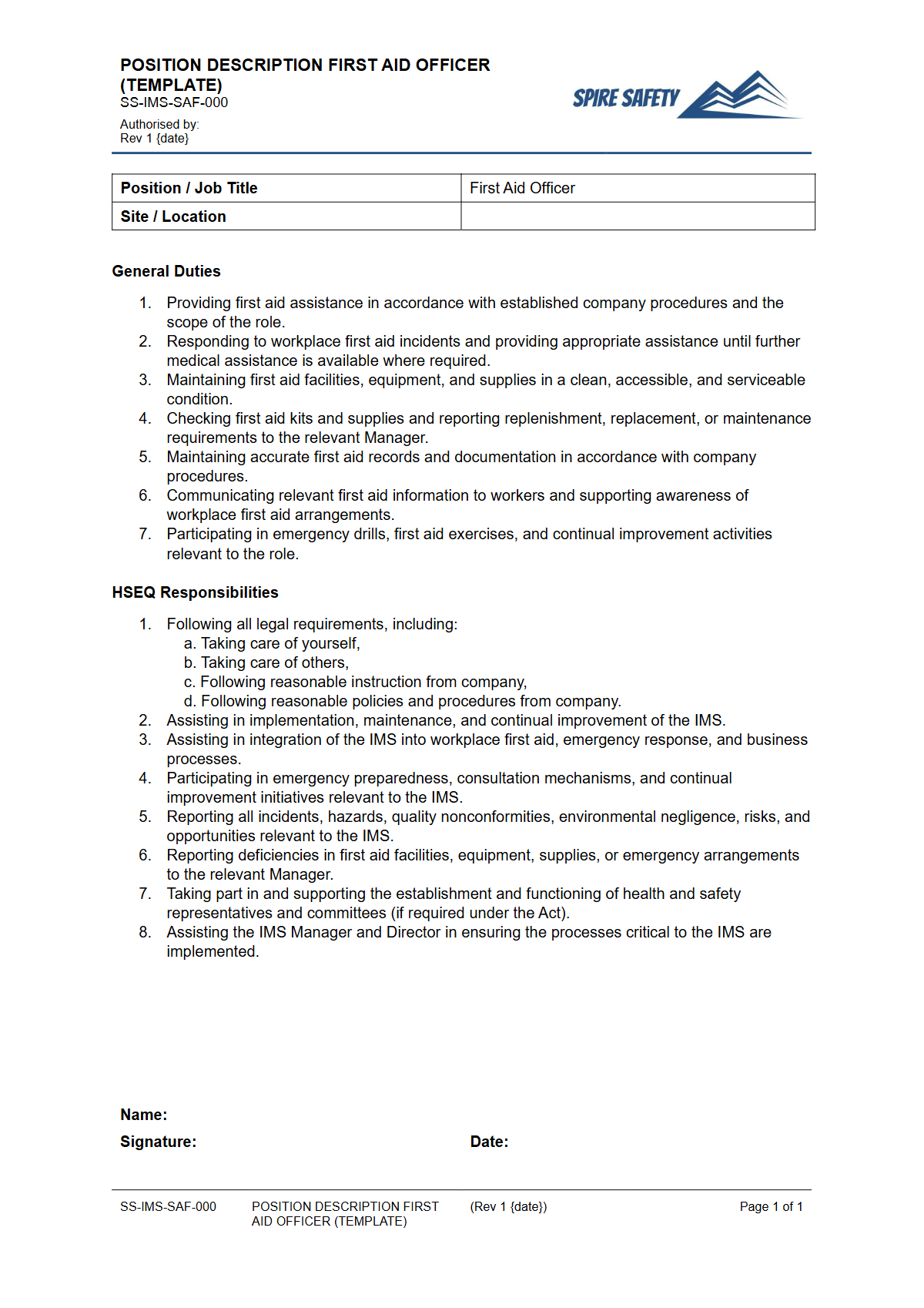 Free Position Description (First Aid Officer) Template — document preview