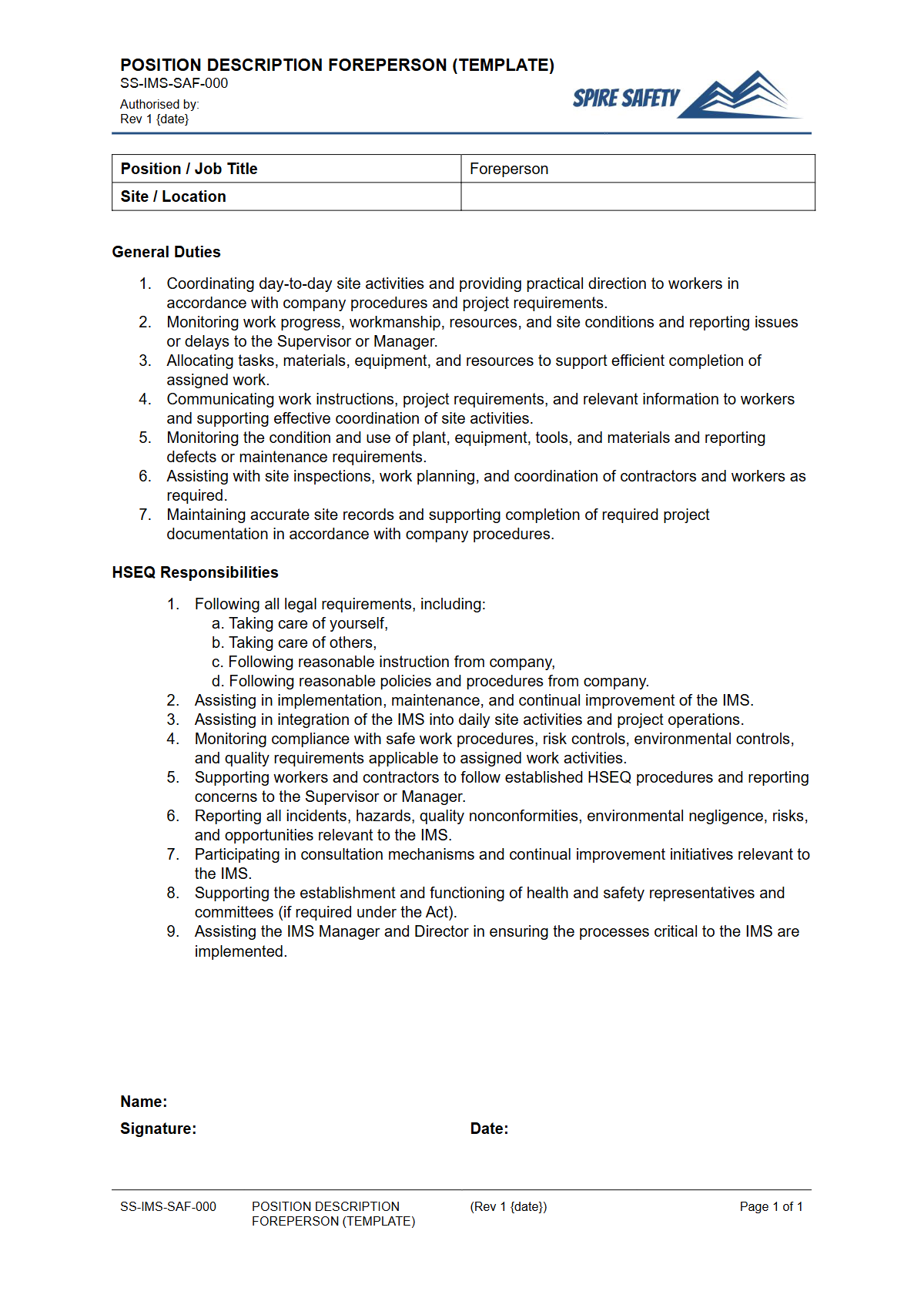 Free Position Description (Foreperson) Template — document preview