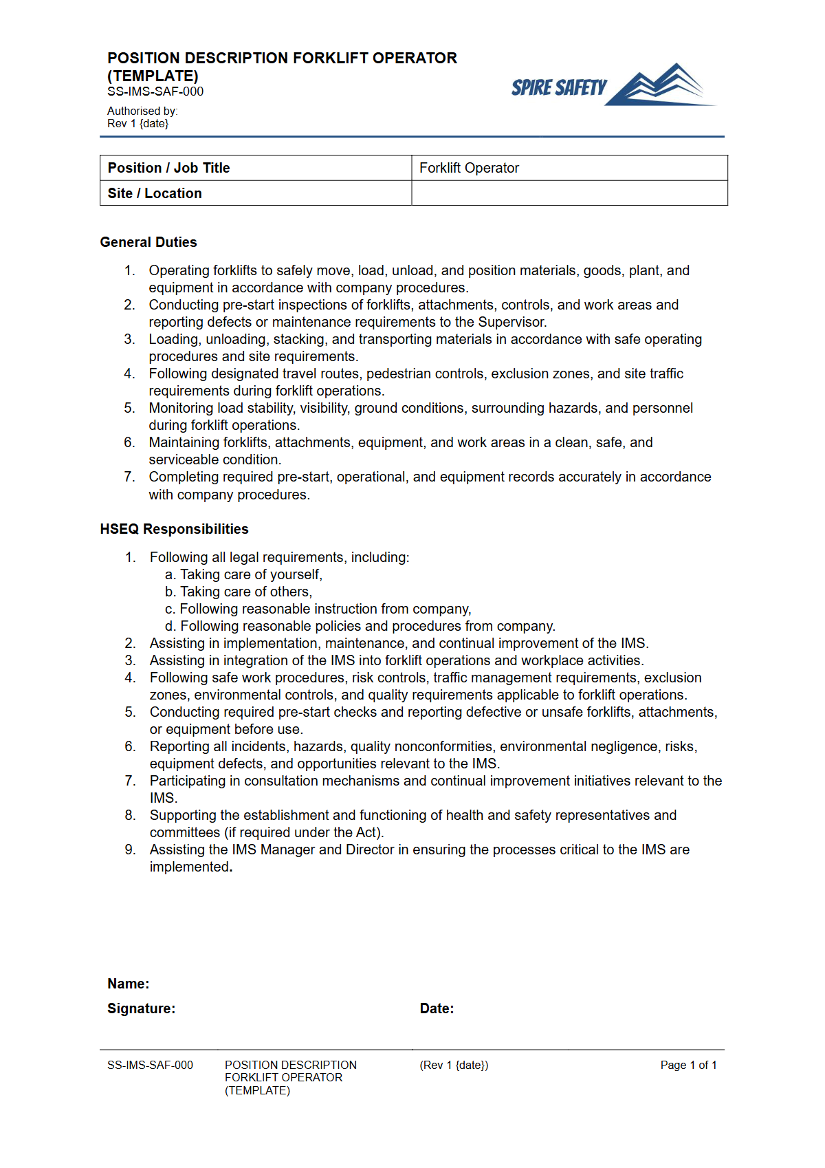 Free Position Description (Forklift Operator) Template — document preview