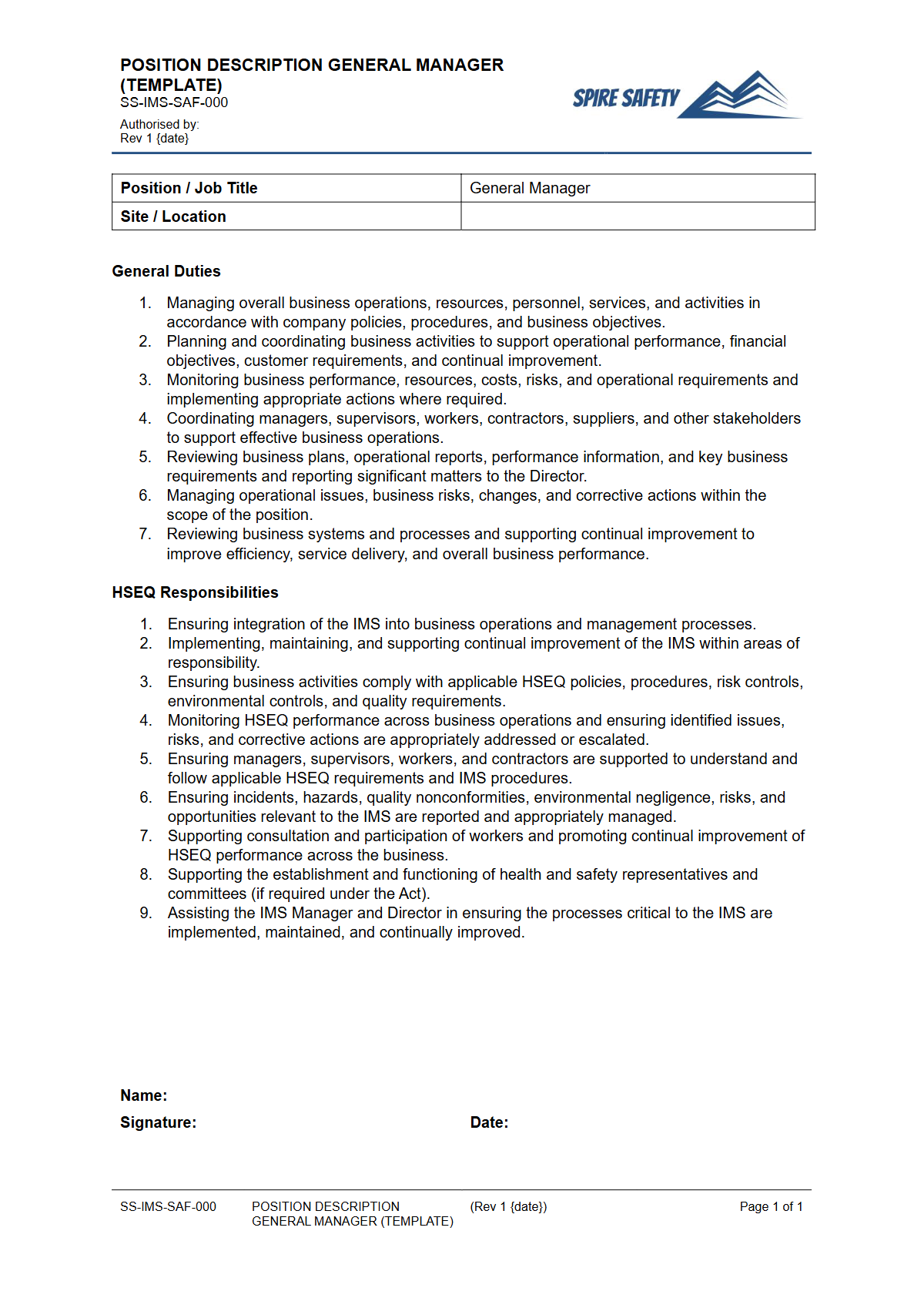 Free Position Description (General Manager) Template — document preview