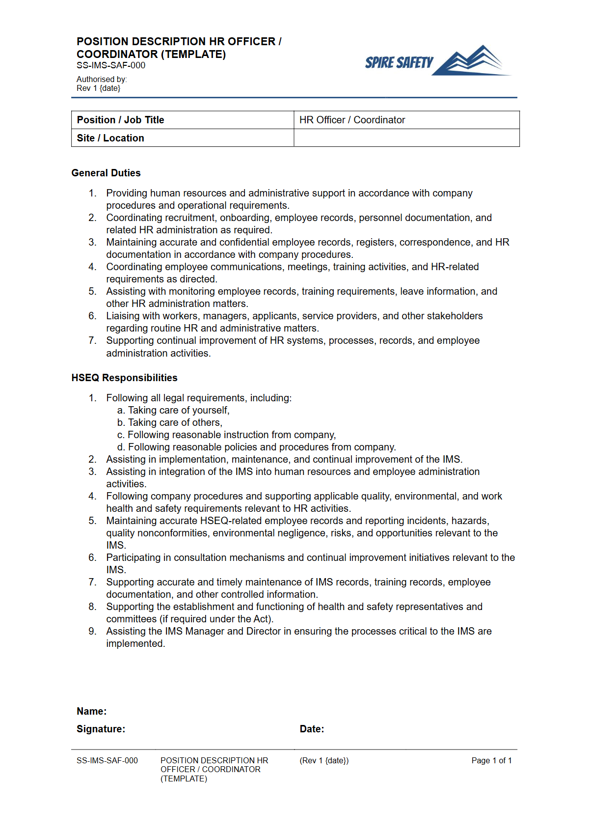 Free Position Description (HR Officer or Coordinator) Template — document preview