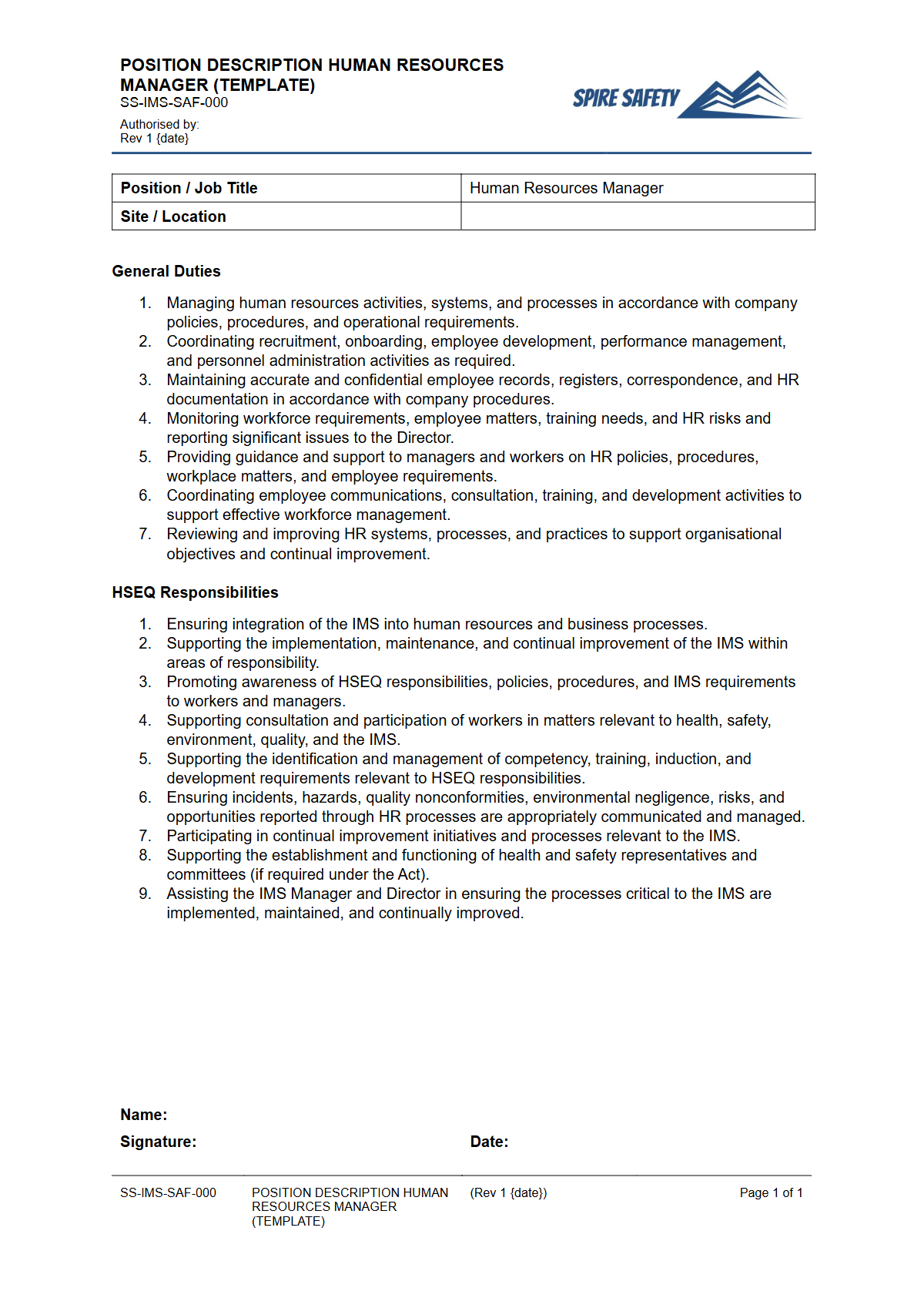 Free Position Description (Human Resources Manager) Template — document preview
