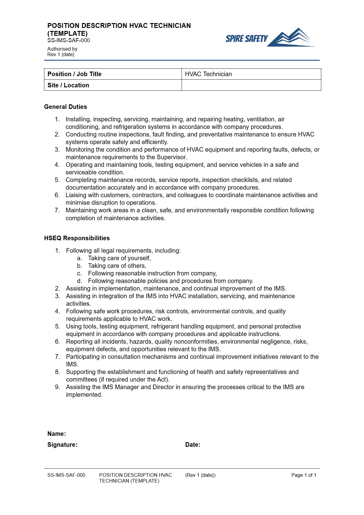 Free Position Description (HVAC Technician) Template — document preview