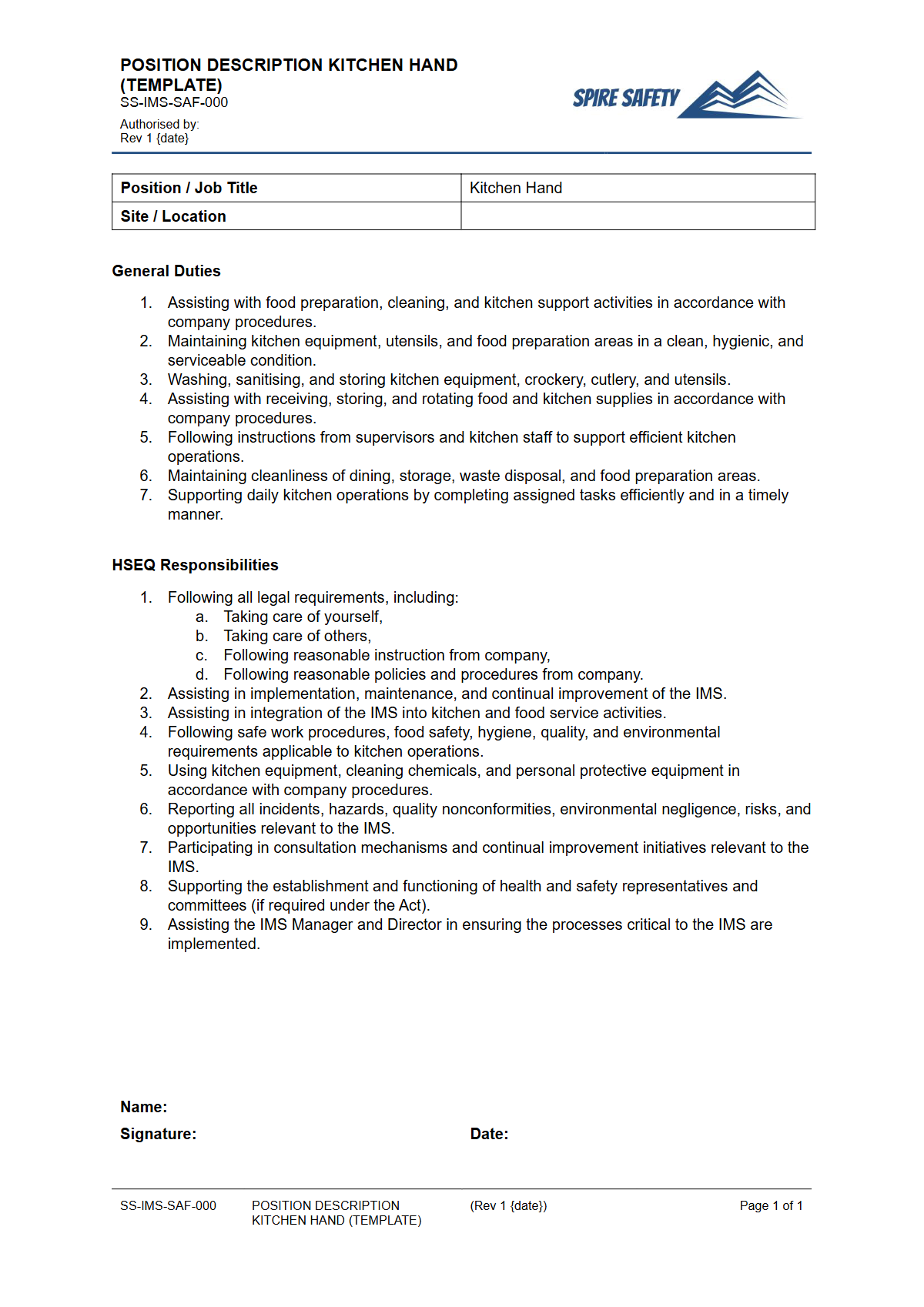 Free Position Description (Kitchen Hand) Template — document preview