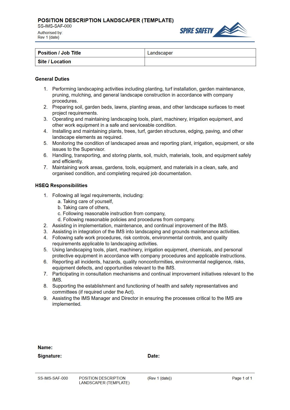 Free Position Description (Landscaper) Template — document preview