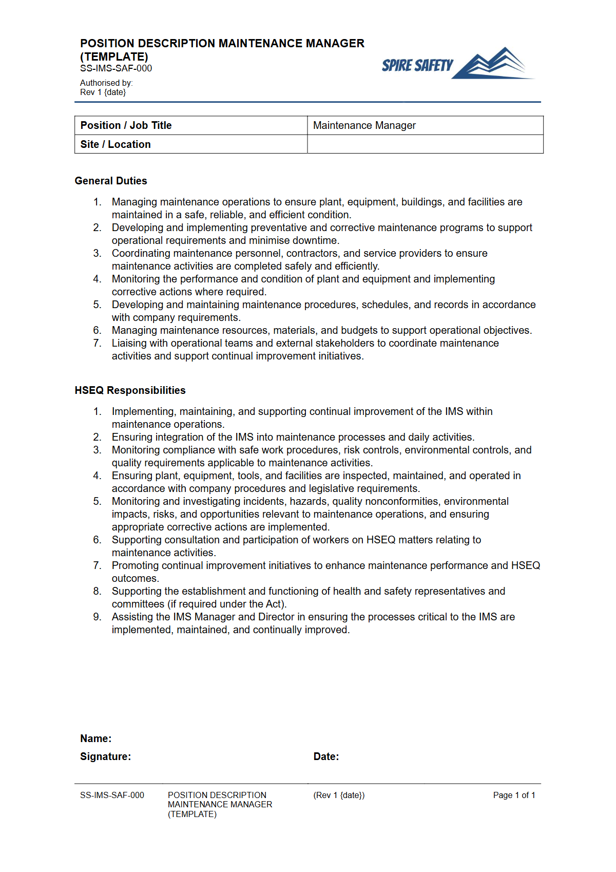 Free Position Description (Maintenance Manager) Template — document preview