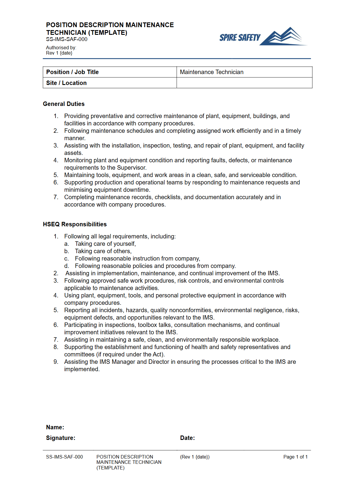 Free Position Description (Maintenance Technician) Template — document preview