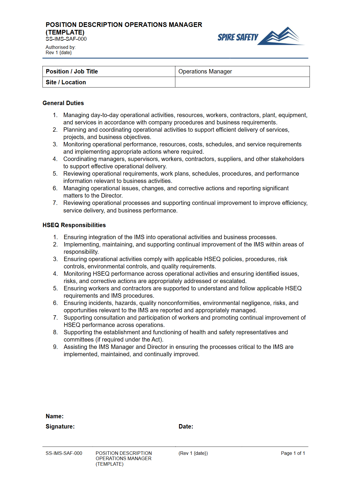 Free Position Description (Operations Manager) Template — document preview