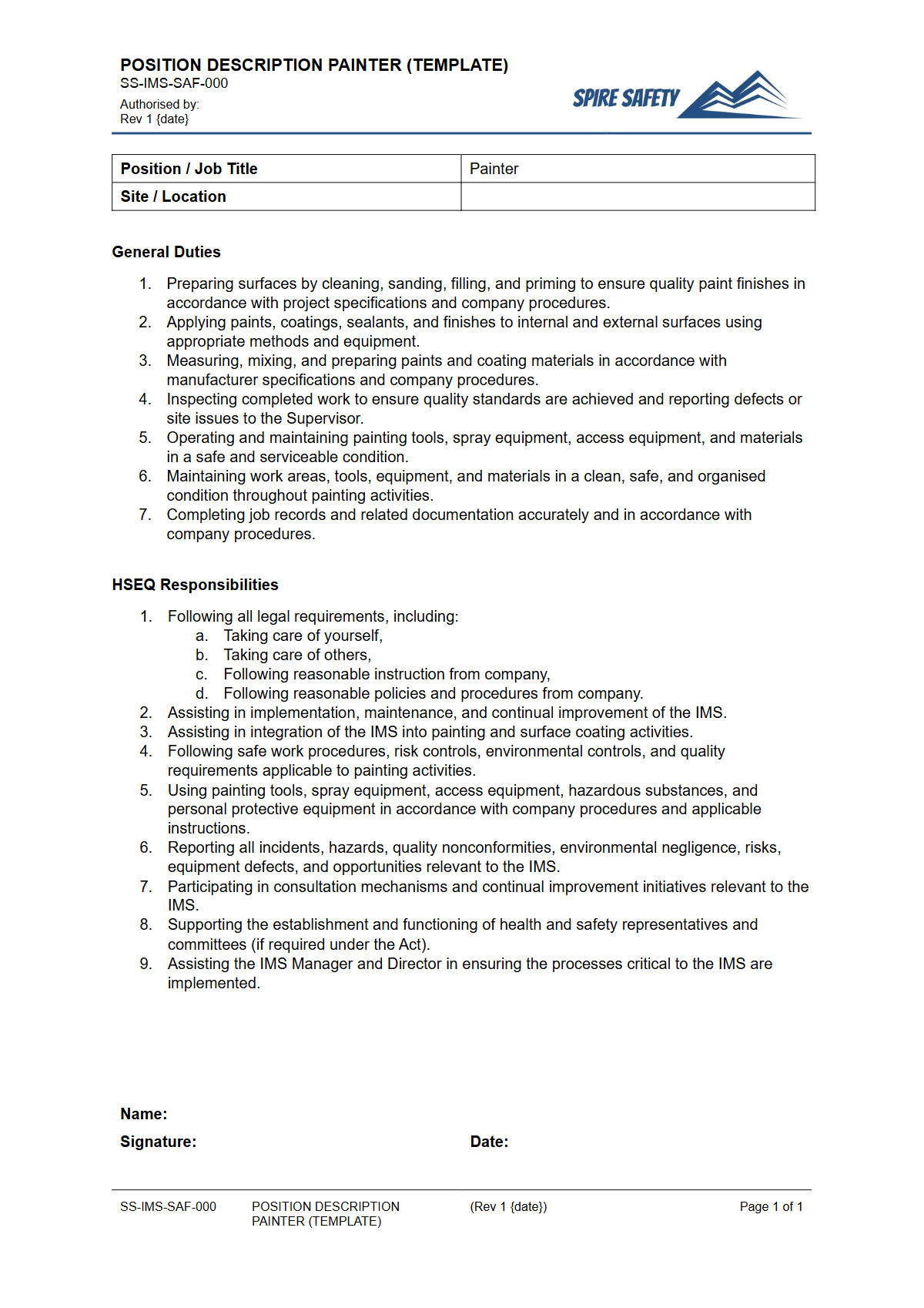 Free Position Description (Painter) Template — document preview