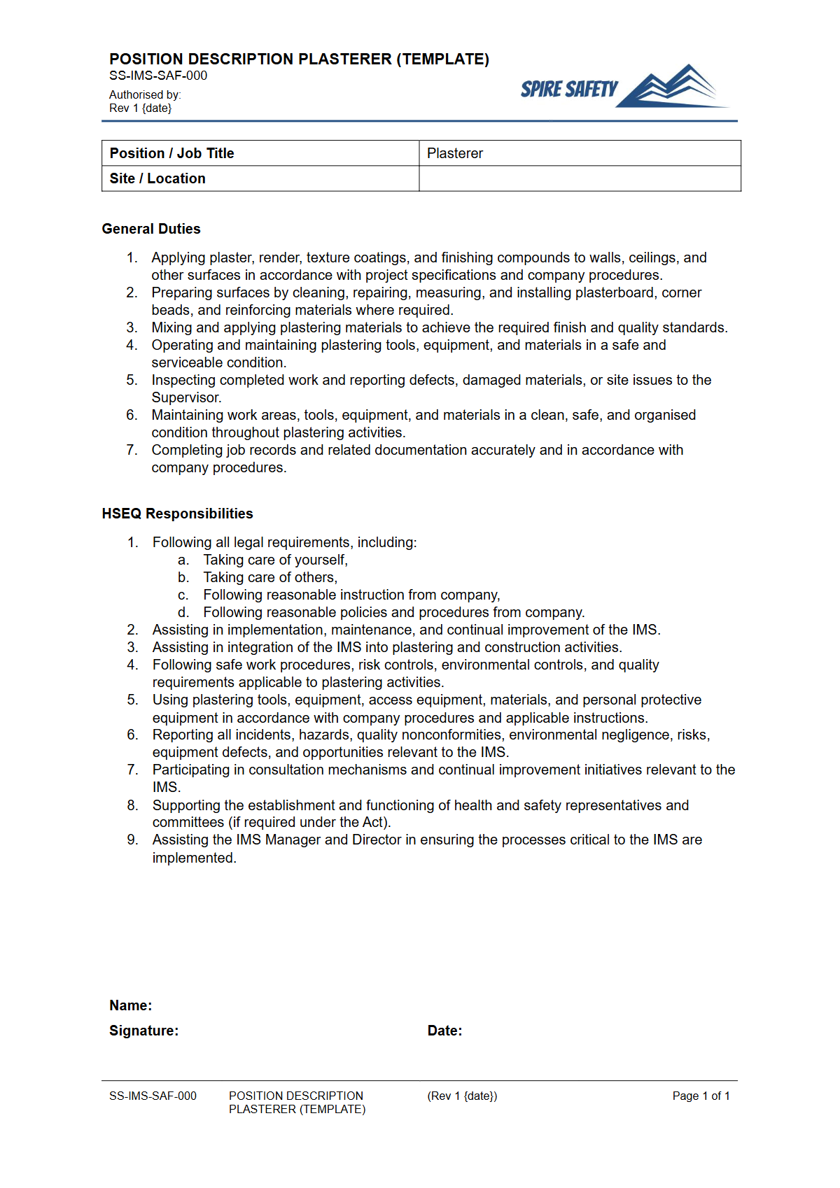 Free Position Description (Plasterer) Template — document preview