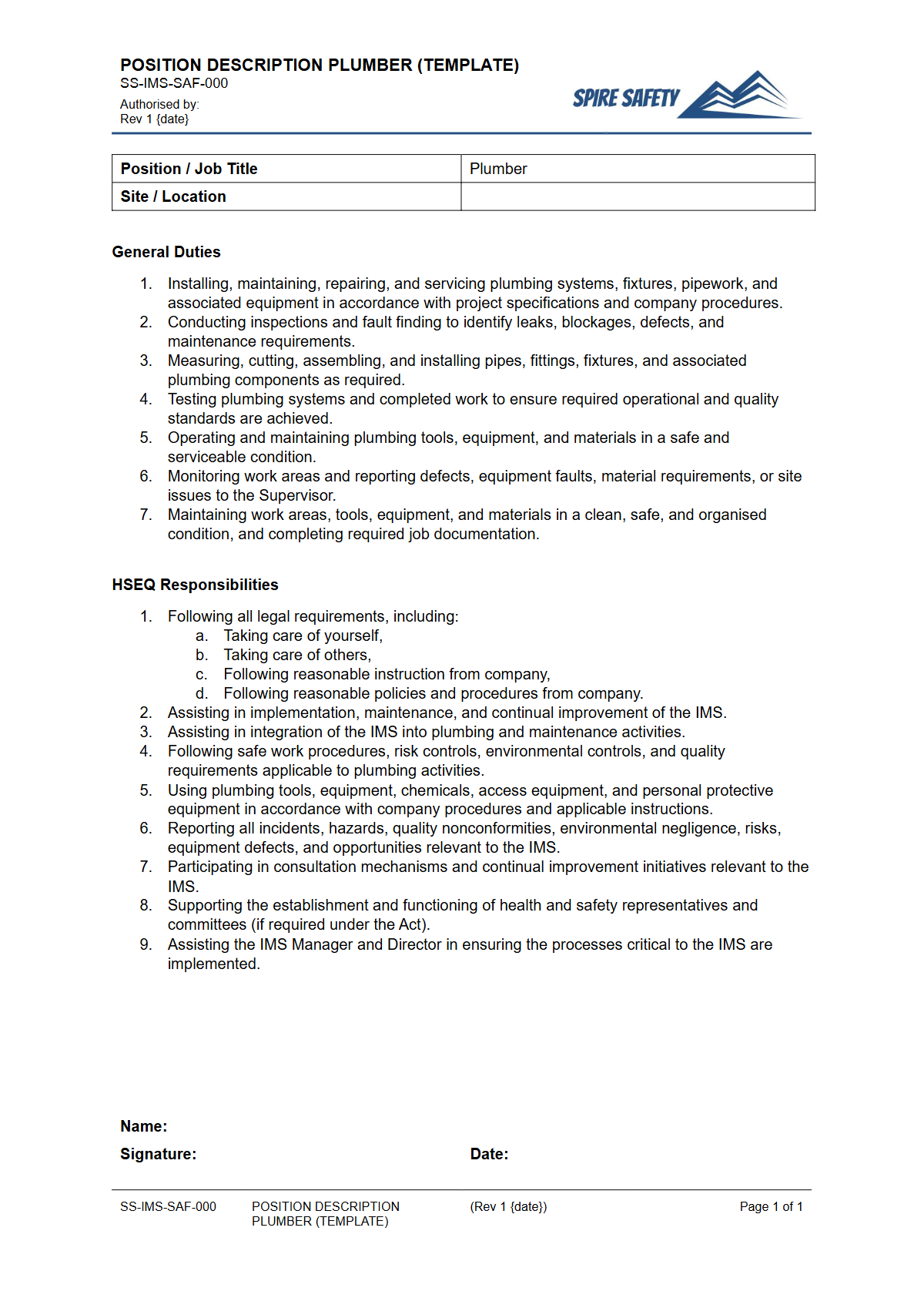 Free Position Description (Plumber) Template — document preview