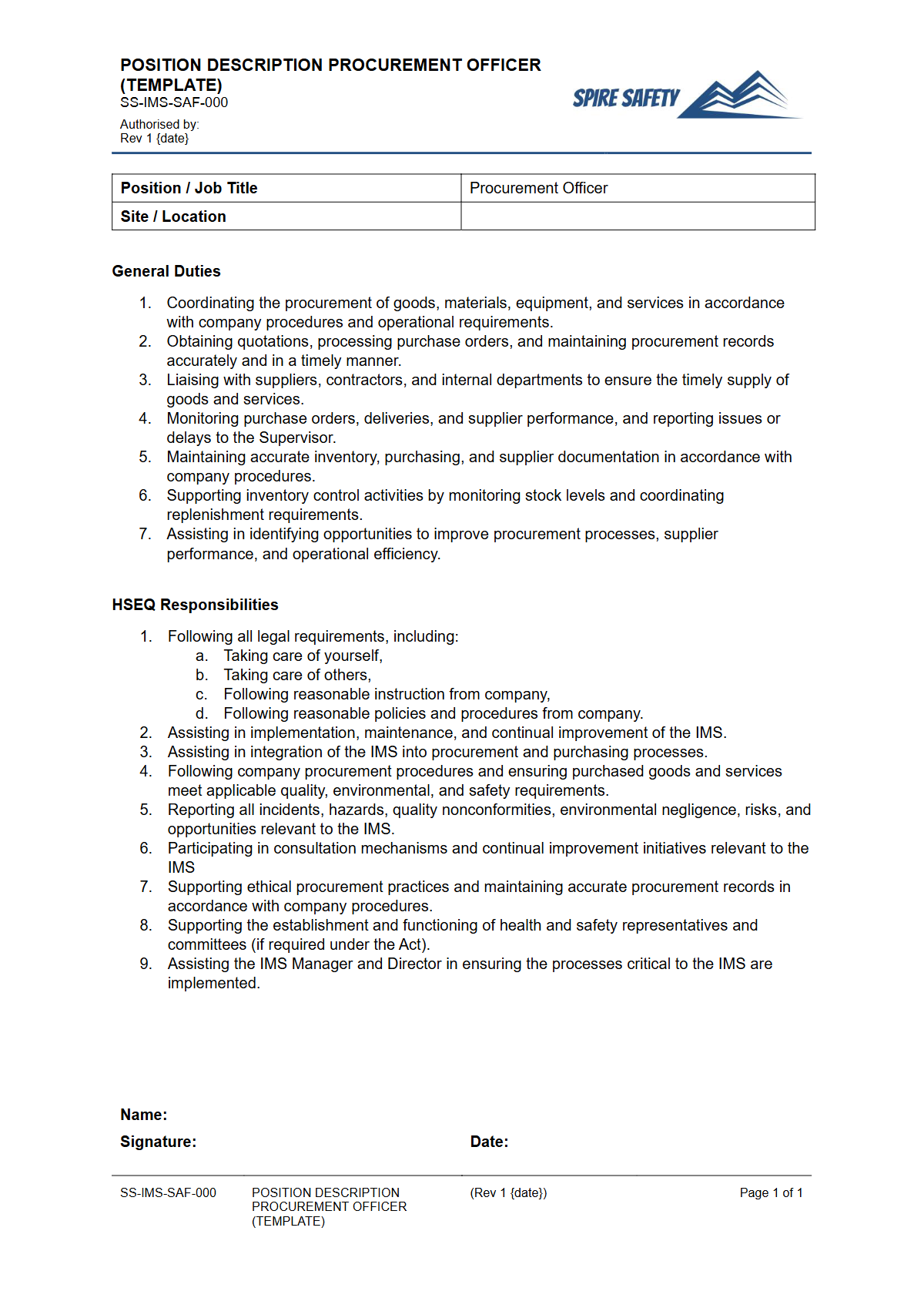 Free Position Description (Procurement Officer) Template — document preview