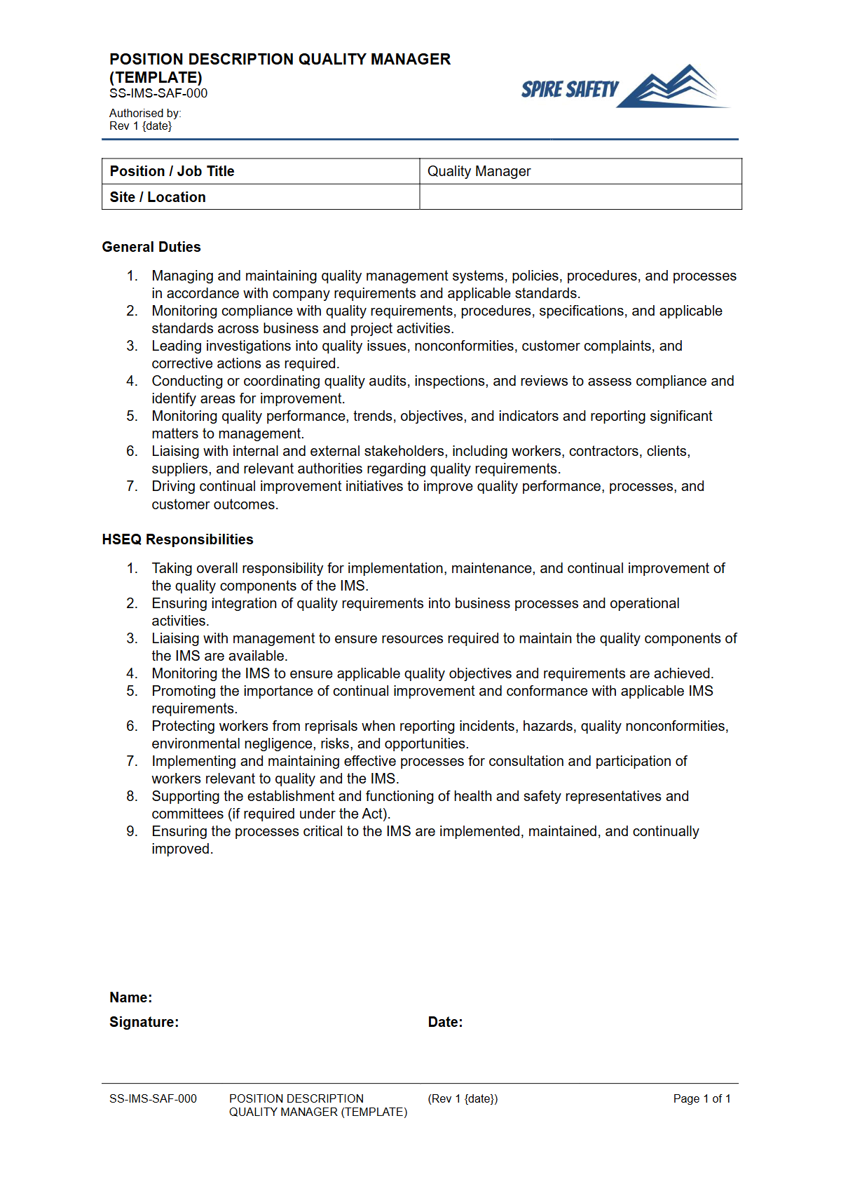 Free Position Description (Quality Manager) Template — document preview