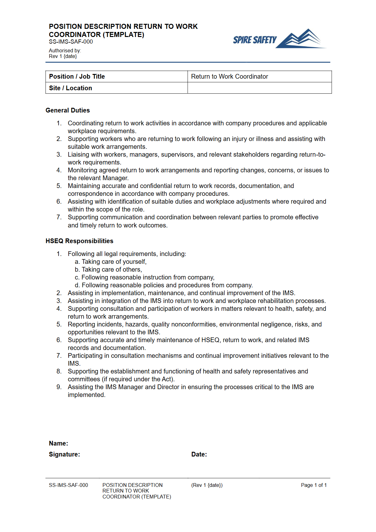 Free Position Description (Return to Work Coordinator) Template — document preview