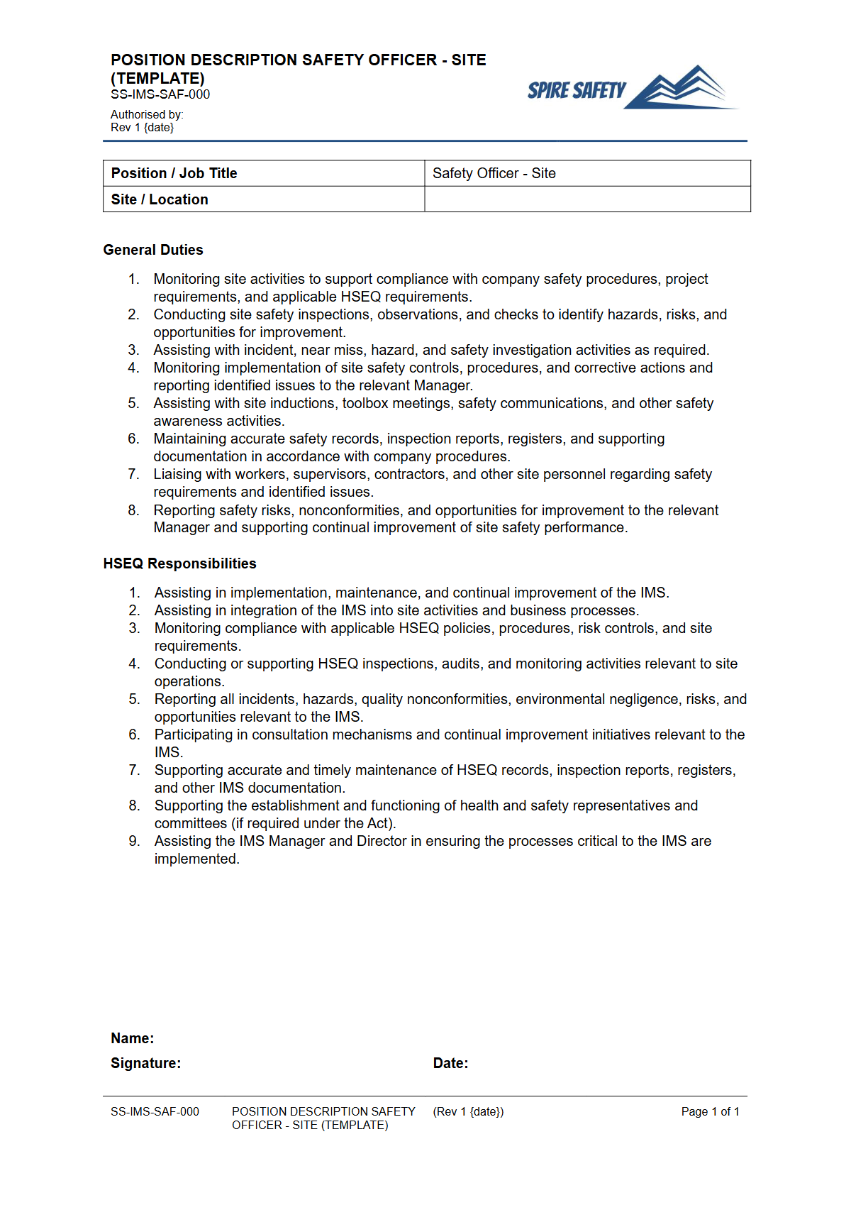 Free Position Description (Safety Officer - Site) Template — document preview