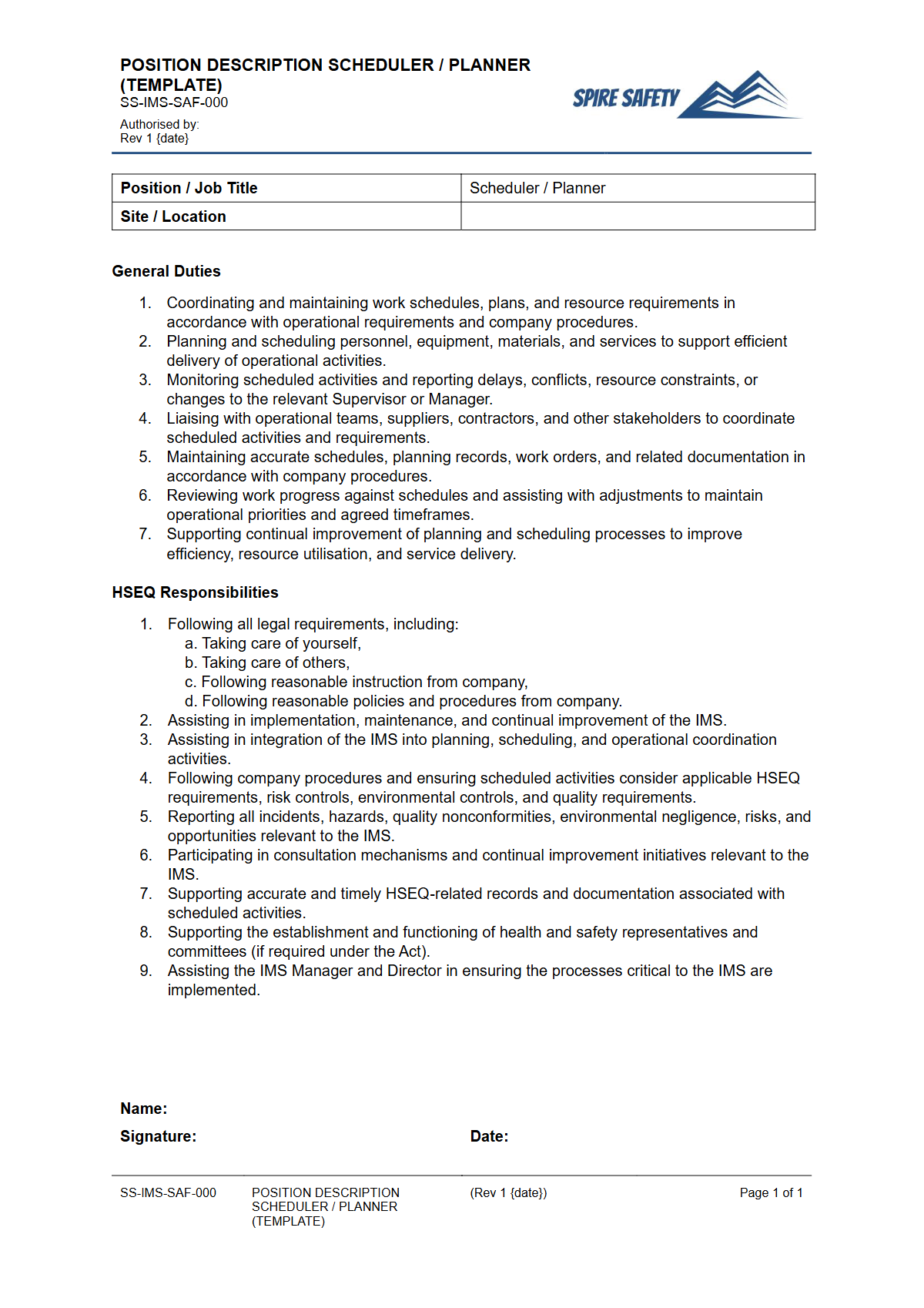 Free Position Description (Scheduler or Planner) Template — document preview