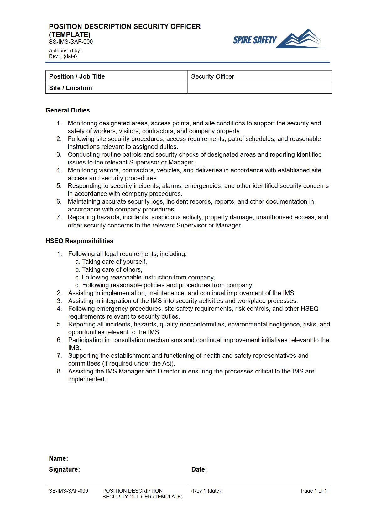 Free Position Description (Security Officer) Template — document preview