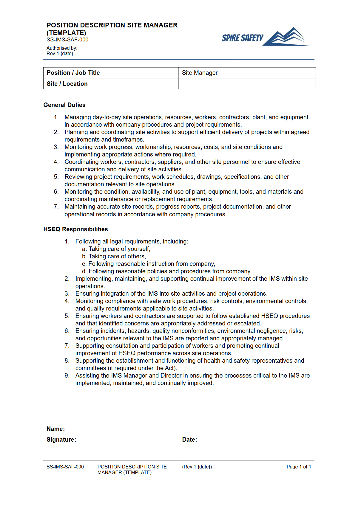 Free Position Description (Site Manager) Template — document preview
