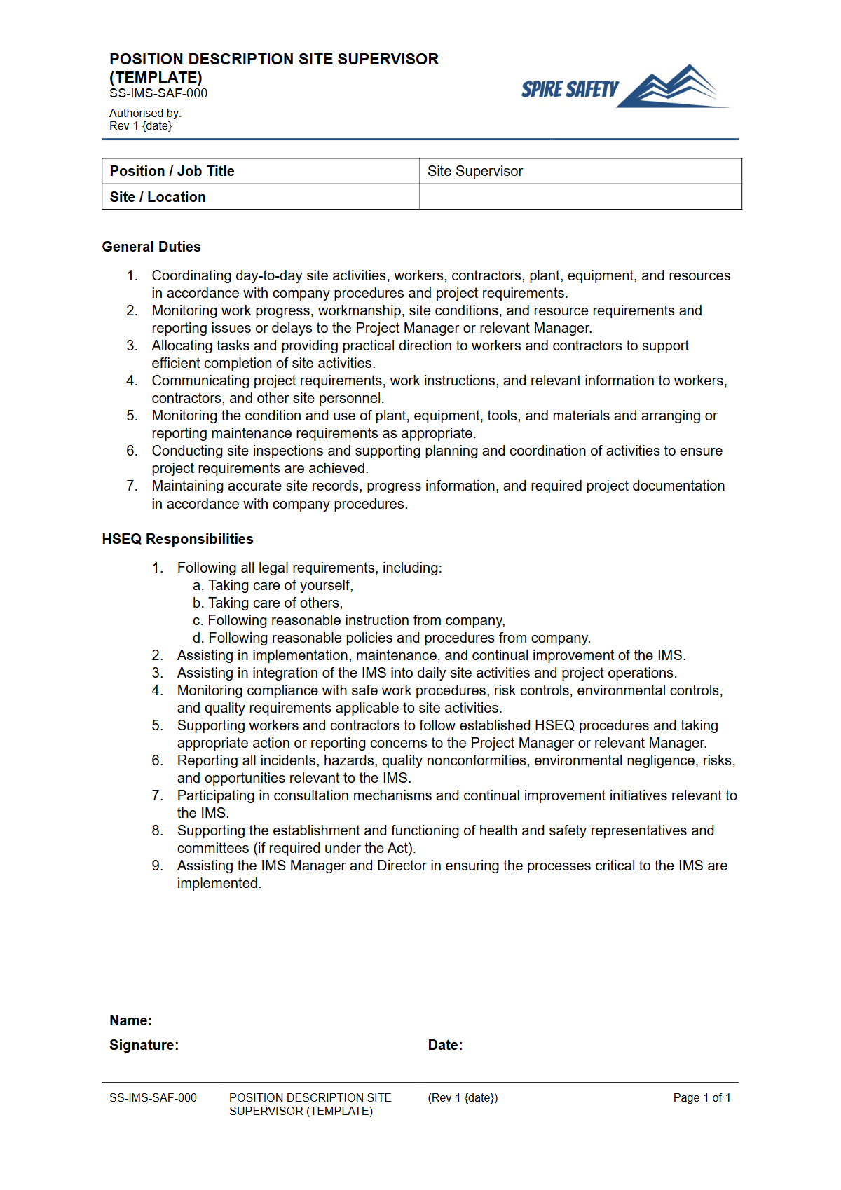 Free Position Description (Site Supervisor) Template — document preview
